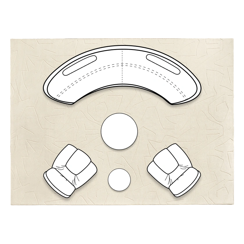 Small living room architectural layout diagram featuring a curved crescent Irene sofa, round coffee table, two angled accent chairs, and a side table on an area rug