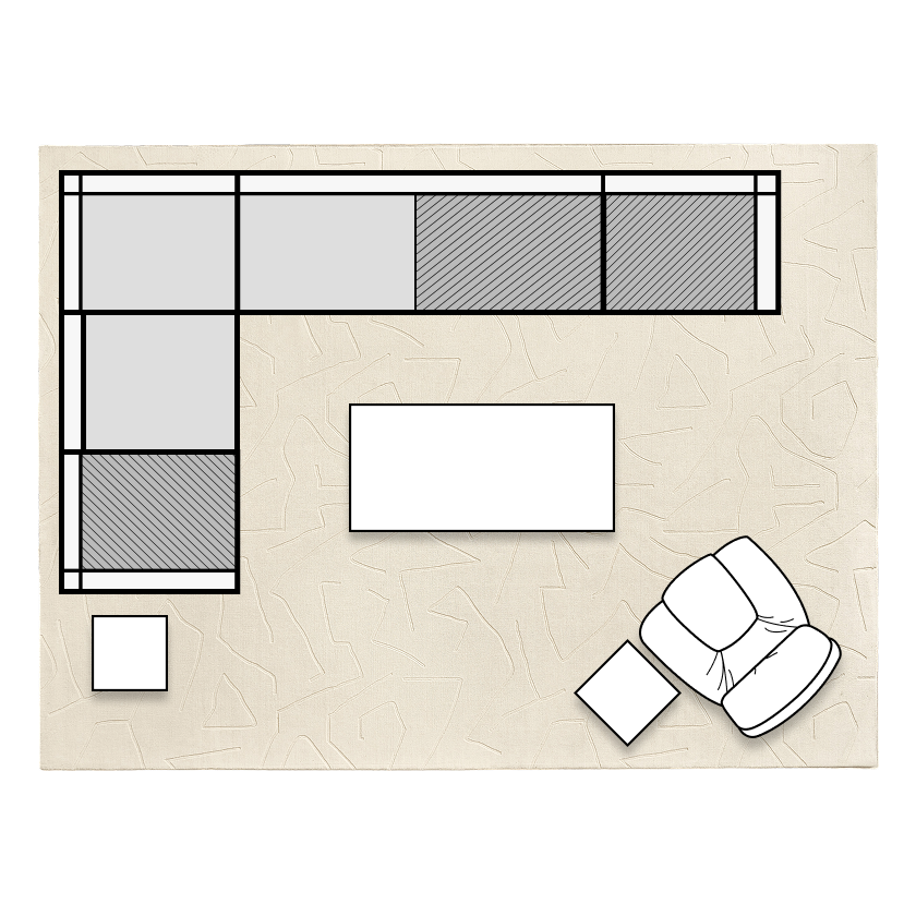 Architectural floor plan layout for large open living spaces featuring an expansive Milo L-shaped modular sectional sofa, rectangular coffee table, and an accent recliner chair.