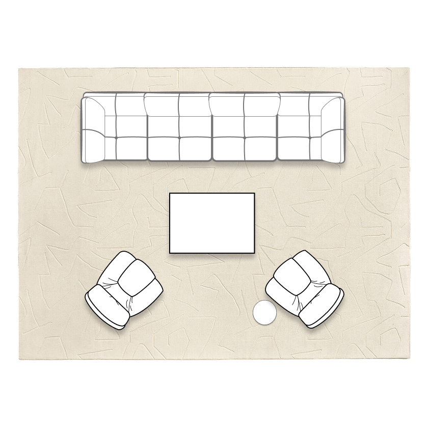 Living room floor plan for medium spaces with a long channel-tufted Reina sofa, rectangular coffee table, and two angled accent chairs.