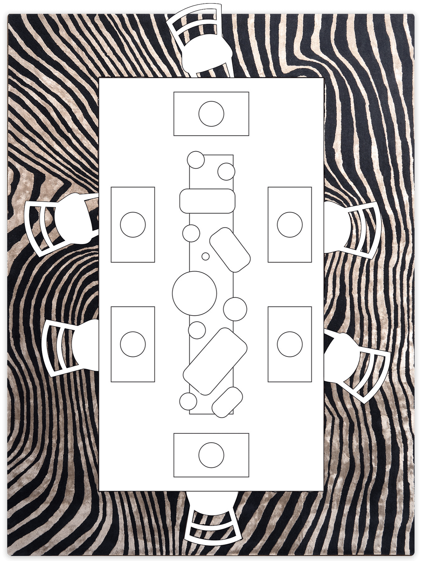 Dining room rug measuring guide diagram illustrating a rectangular dining table and pulled-out chairs placed completely on an oversized zebra pattern area rug.