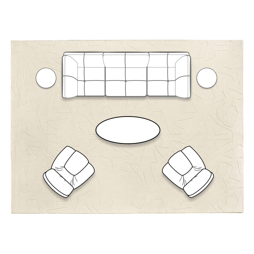 Small living room layout diagram featuring a Reina sofa, oval coffee table, two accent chairs, and round side tables on an area rug