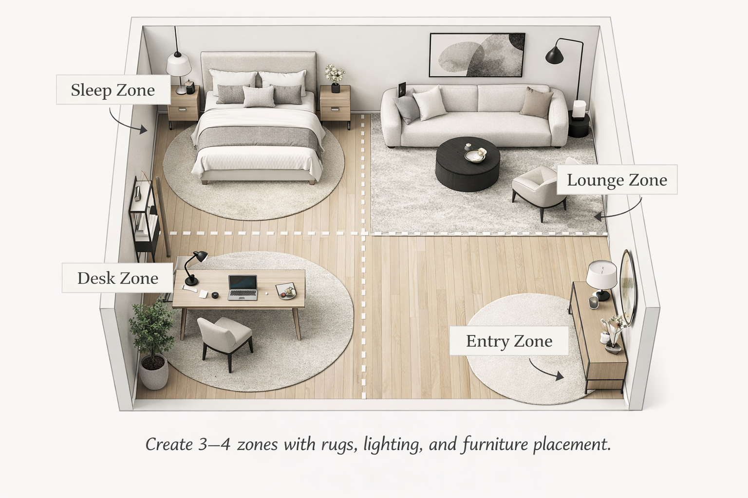 Studio apartment zoning diagram showing sleep, lounge, desk, and entry areas.