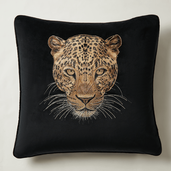 Namir Leopard Beaded Embroidered Black/Gold Velvet Pillow 22" x 22"