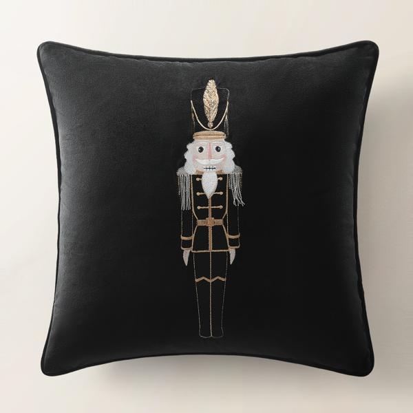 Nutcracker Embroidered Black Velvet Holiday Pillow 20" x 20"