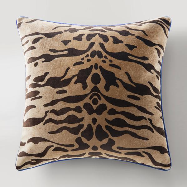 Bronze Tiger Blue Piping Velvet Pillow 22" x 22"