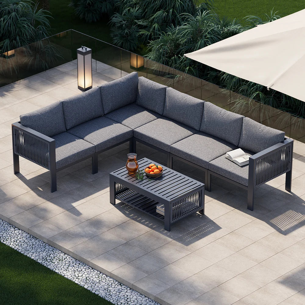 6-person aluminium and rope lounge set with cushions