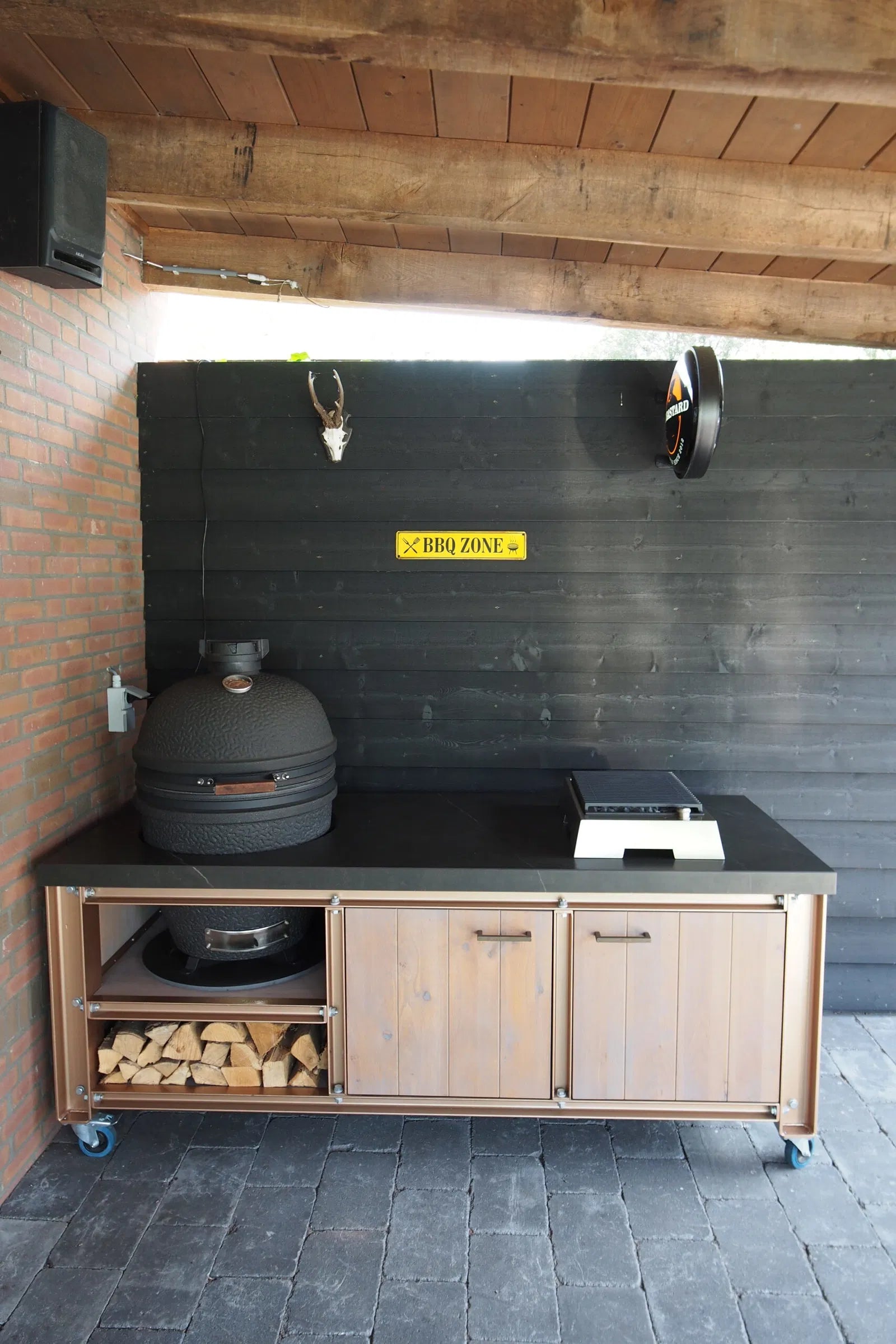 Steel frame of the Big Green Egg outdoor kitchen