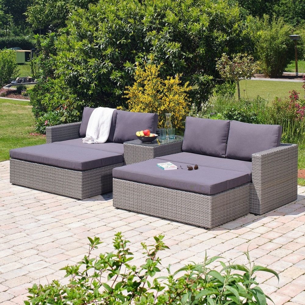 Madrid wicker outdoor lounge set with sofas, stools, and table