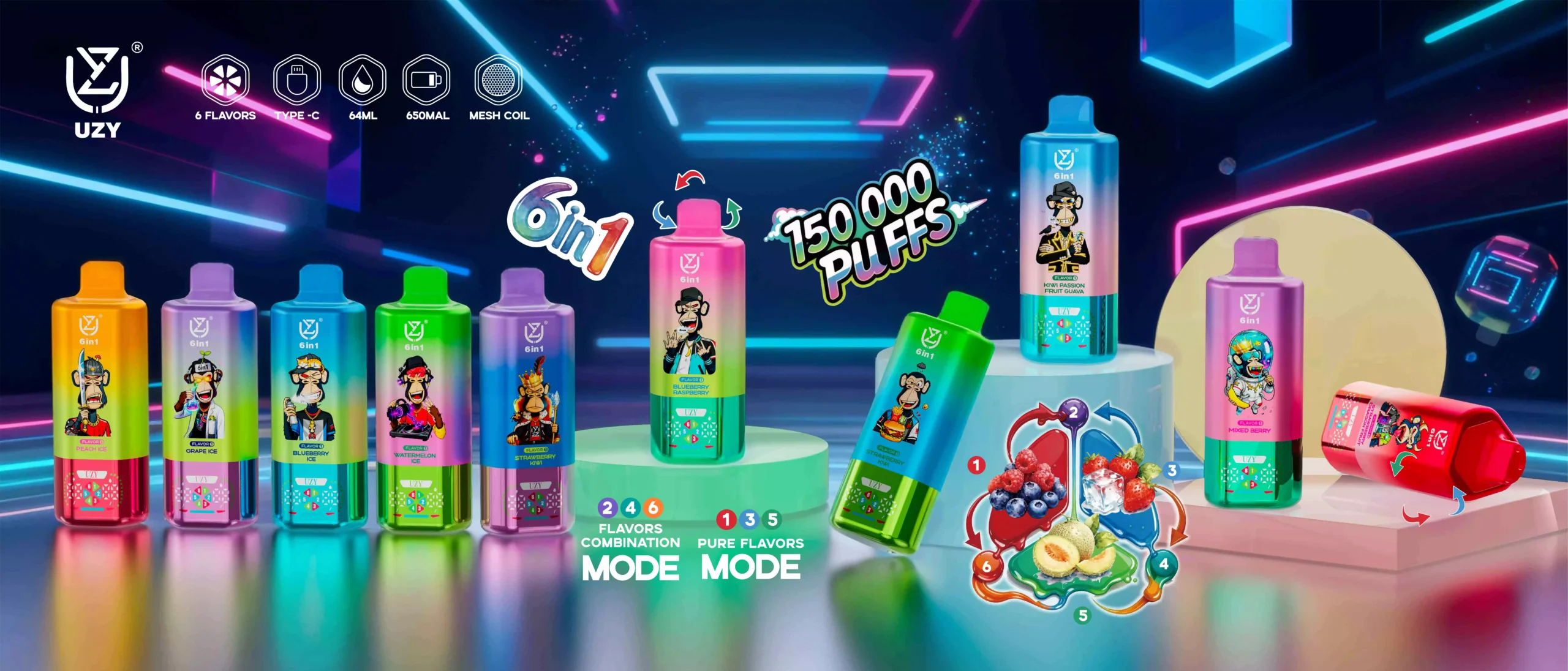 Wholesale UZY 6 IN 1 150K Disposable Vape 150000 Puffs Bulk Buy Low Concentration