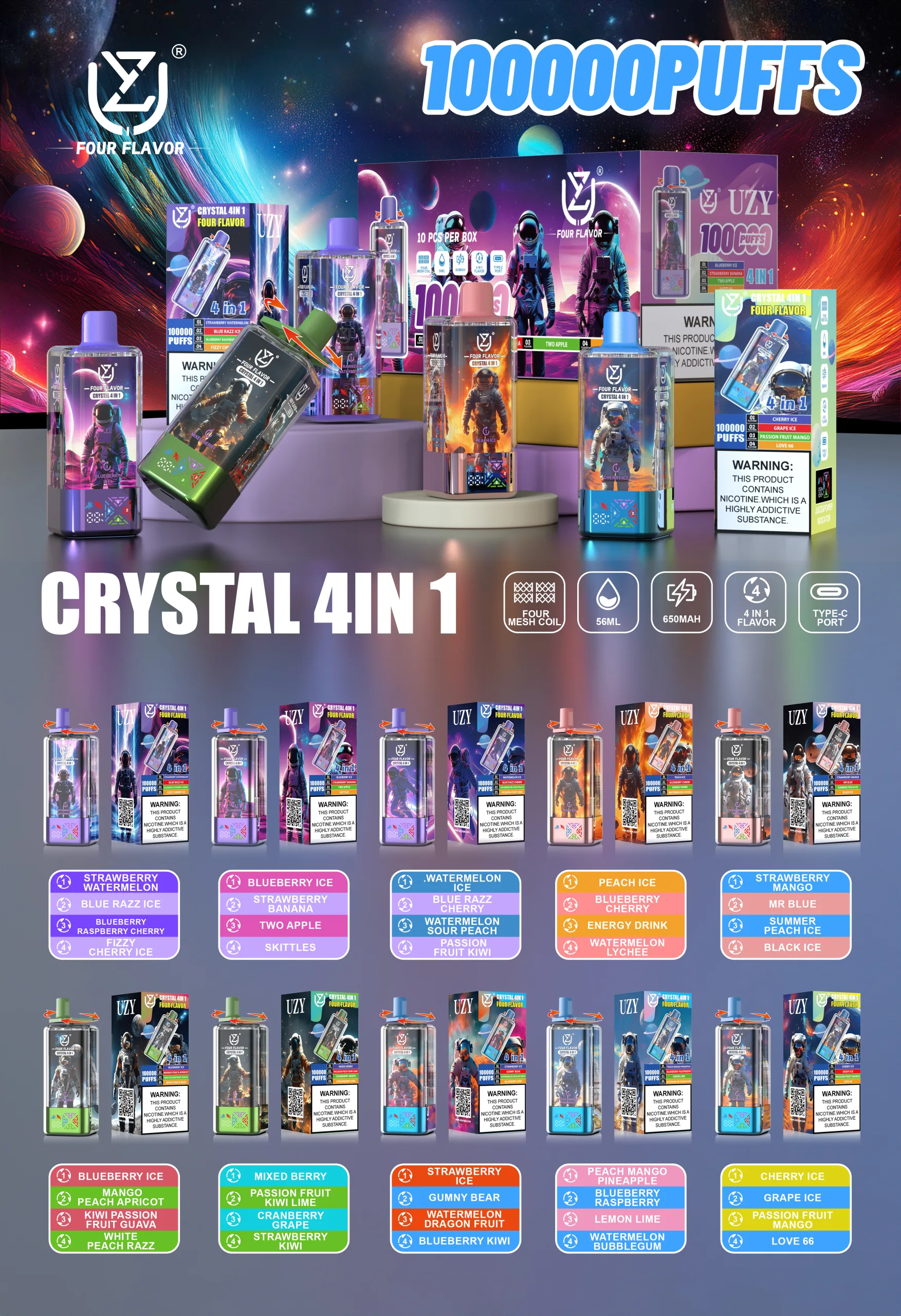 UZY Crystal 100000 100K Puffs Disposable Vape 4 In 1 Flavors Ships from Germany Warehouse flavor list