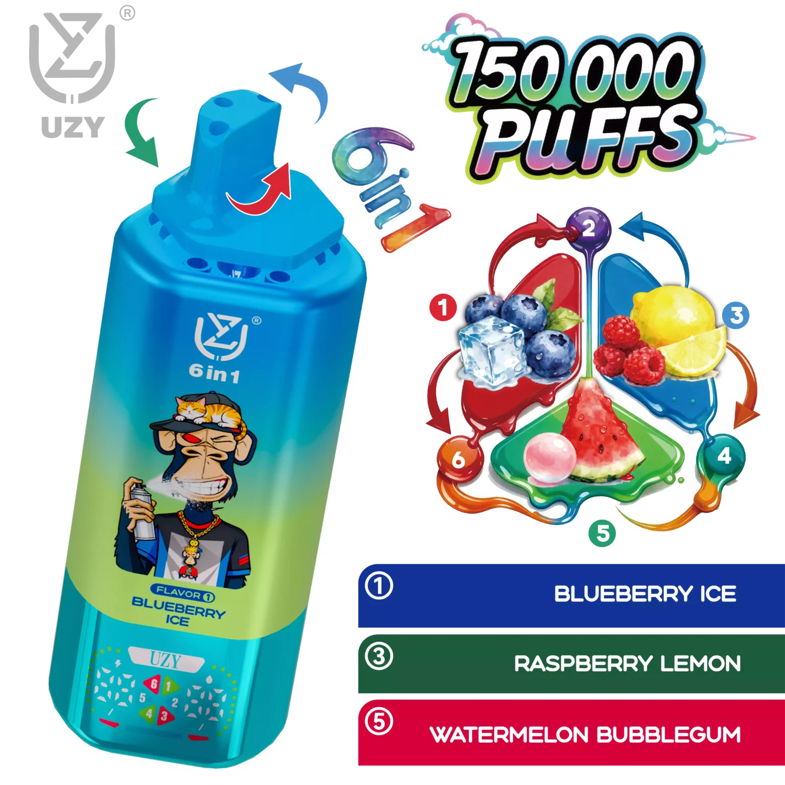 UZY 150K Puffs 6 in 1 Switch Disposable Vape | 150000 Puffs Crystal Big Puff Rechargeable Vape 0%-5% Nicotine EU Warehouse Fast Shipping