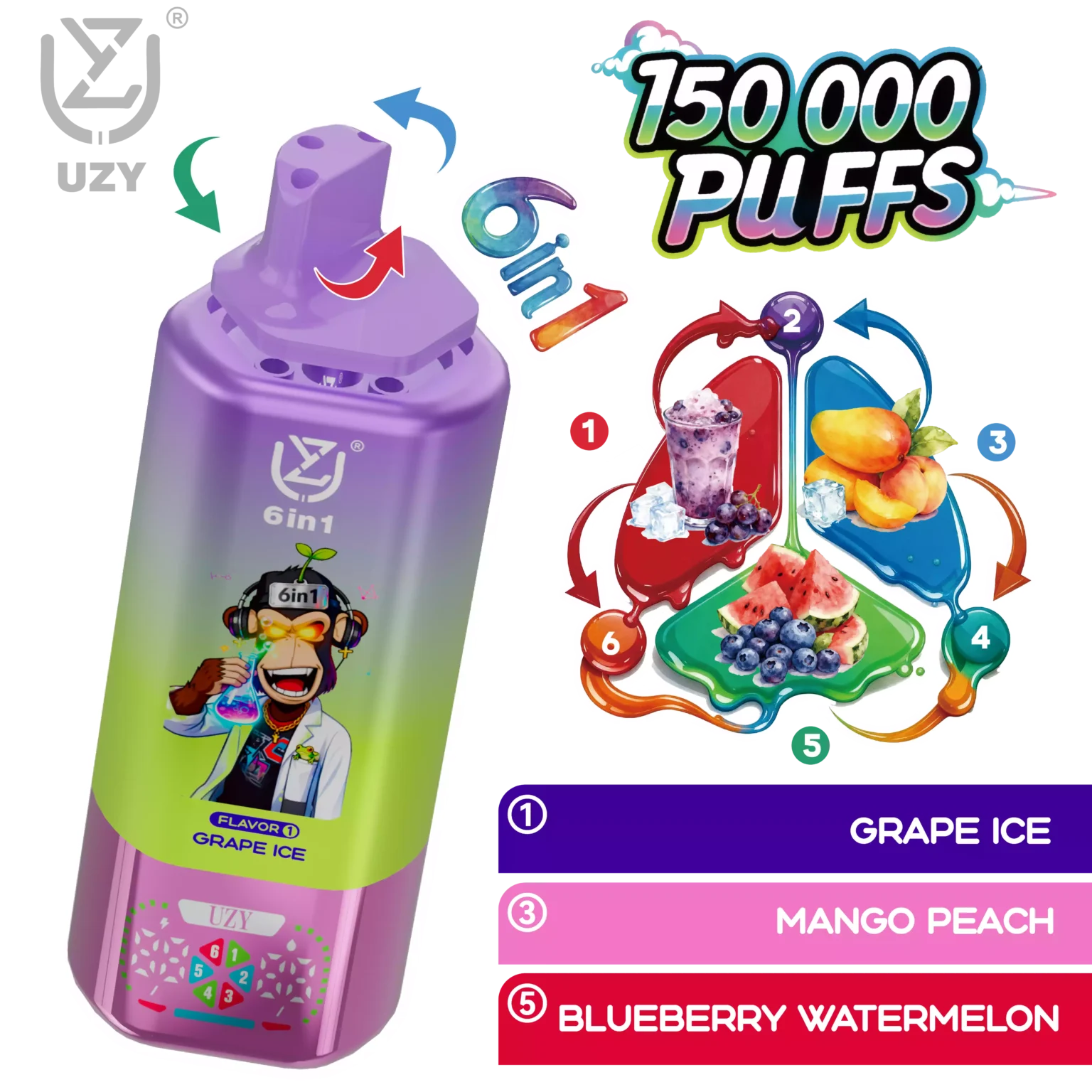 UZY 150K Puffs 6 in 1 Switch Disposable Vape | 150000 Puffs Crystal Big Puff Rechargeable Vape 0%-5% Nicotine EU Warehouse Fast Shipping