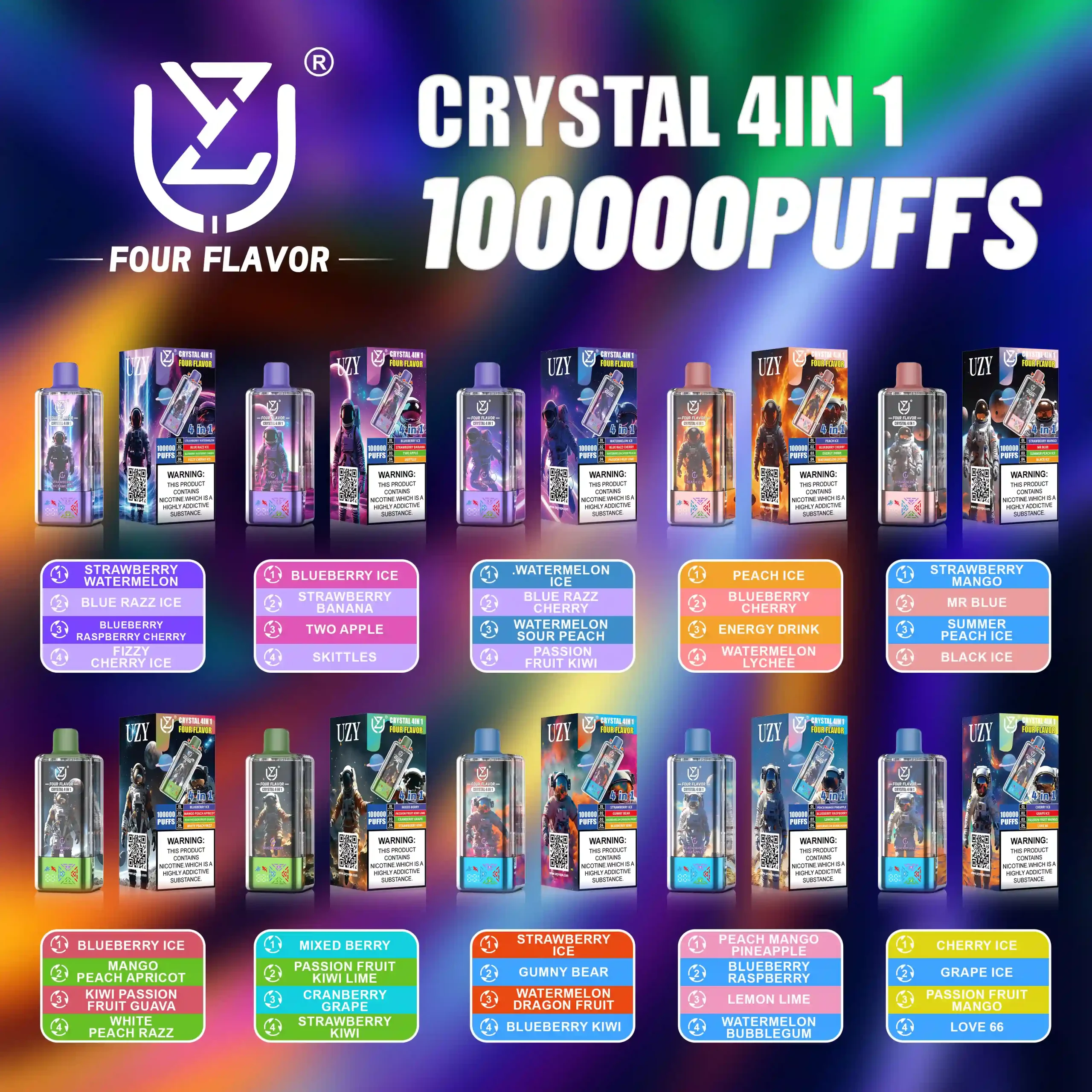 Longest Lasting Disposable Vape Online | Wholesale UZY Crystal 100K Puff 4 in 1 Vape Pen with LED Display, 56mL Capacity, 10 Tasty Flavors