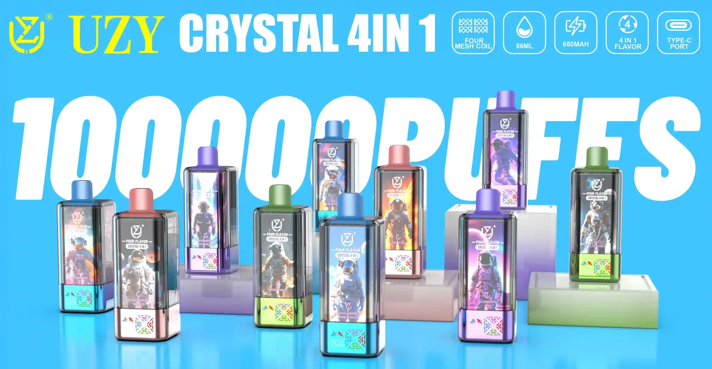 Big Puff UZY 100K 4 In 1 Flavor Crystal Vape | 100000 Puffs Quad Mesh Coil Big Cloud Vape with 0/2/3/5% Nicotine | Spaceman Style