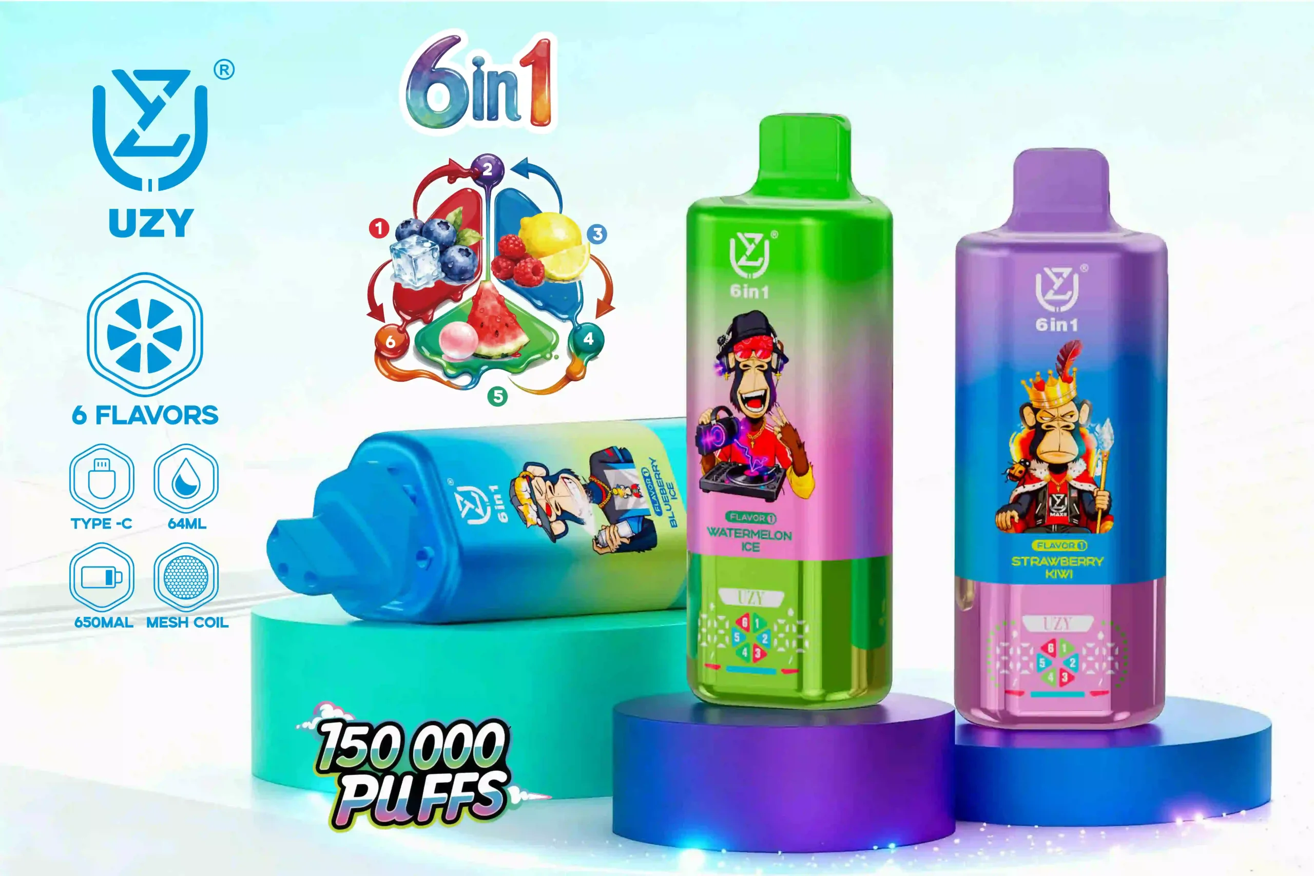 UZY 150,000 Puff 6 Flavors in 1 Disposable Vape for Heavy Smokers & Cloud Chasers | Adjust Vape Flavors, Quad Mesh Coil, Rechargeable