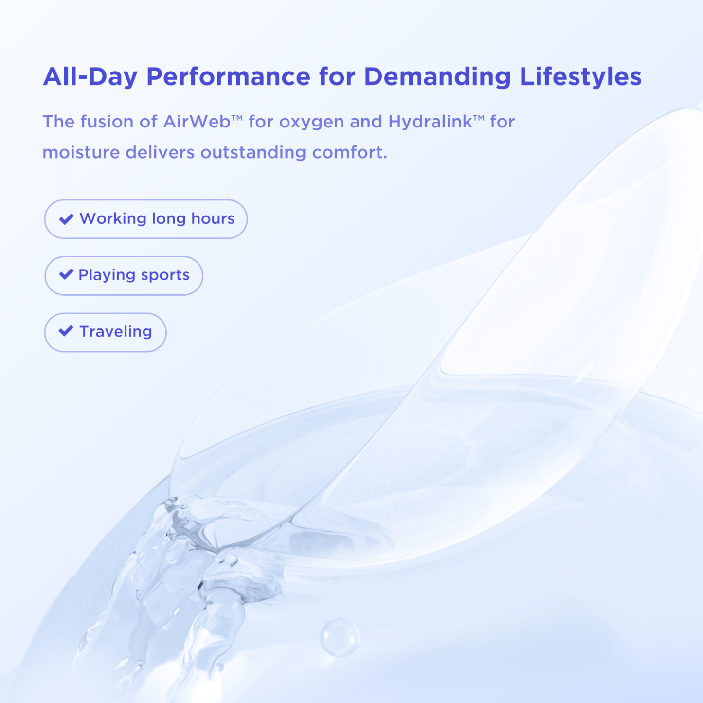 An infographic on the all-day performance of moodyblue's affordable disposable contact lenses, ideal for demanding lifestyles like working long hours, playing sports, and traveling. Our cheap and discount contacts online are engineered with advanced technology for superior comfort.