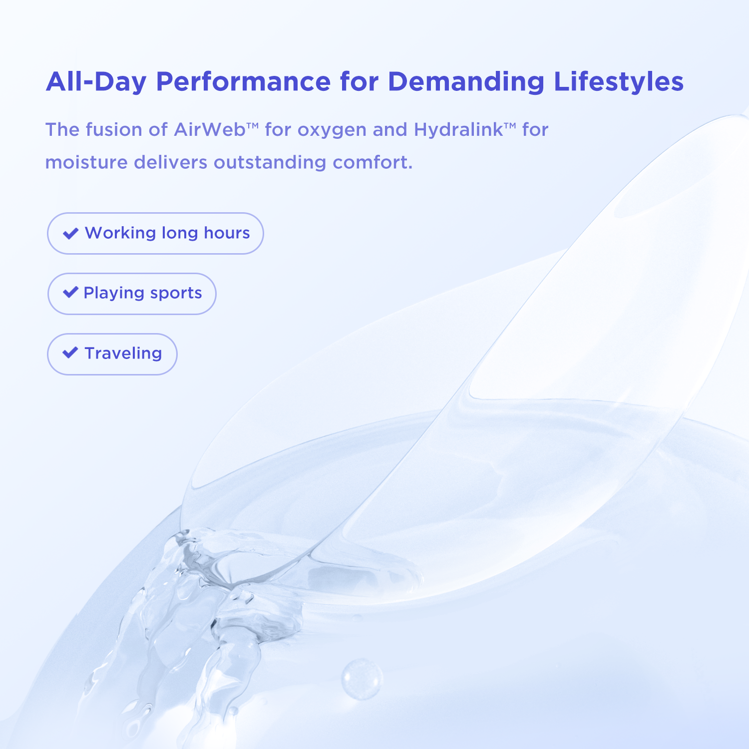 An infographic on the all-day performance of moodyblue's affordable disposable contact lenses, ideal for demanding lifestyles like working long hours, playing sports, and traveling. Our cheap and discount contacts online are engineered with advanced technology for superior comfort.