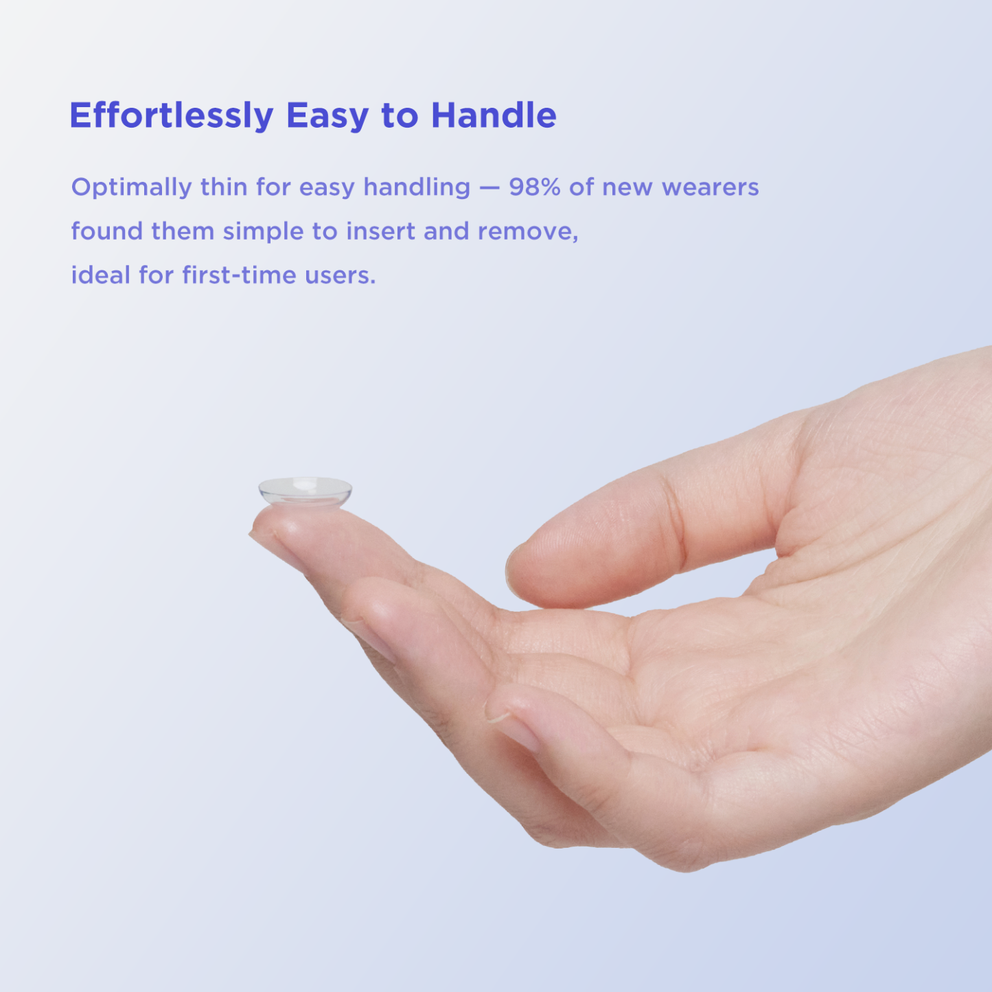 An image showing that 98% of new wearers agree moodyblue's affordable contact lenses are easy to handle. This makes our cheap and discount disposable contacts a perfect choice for first-time users buying online.