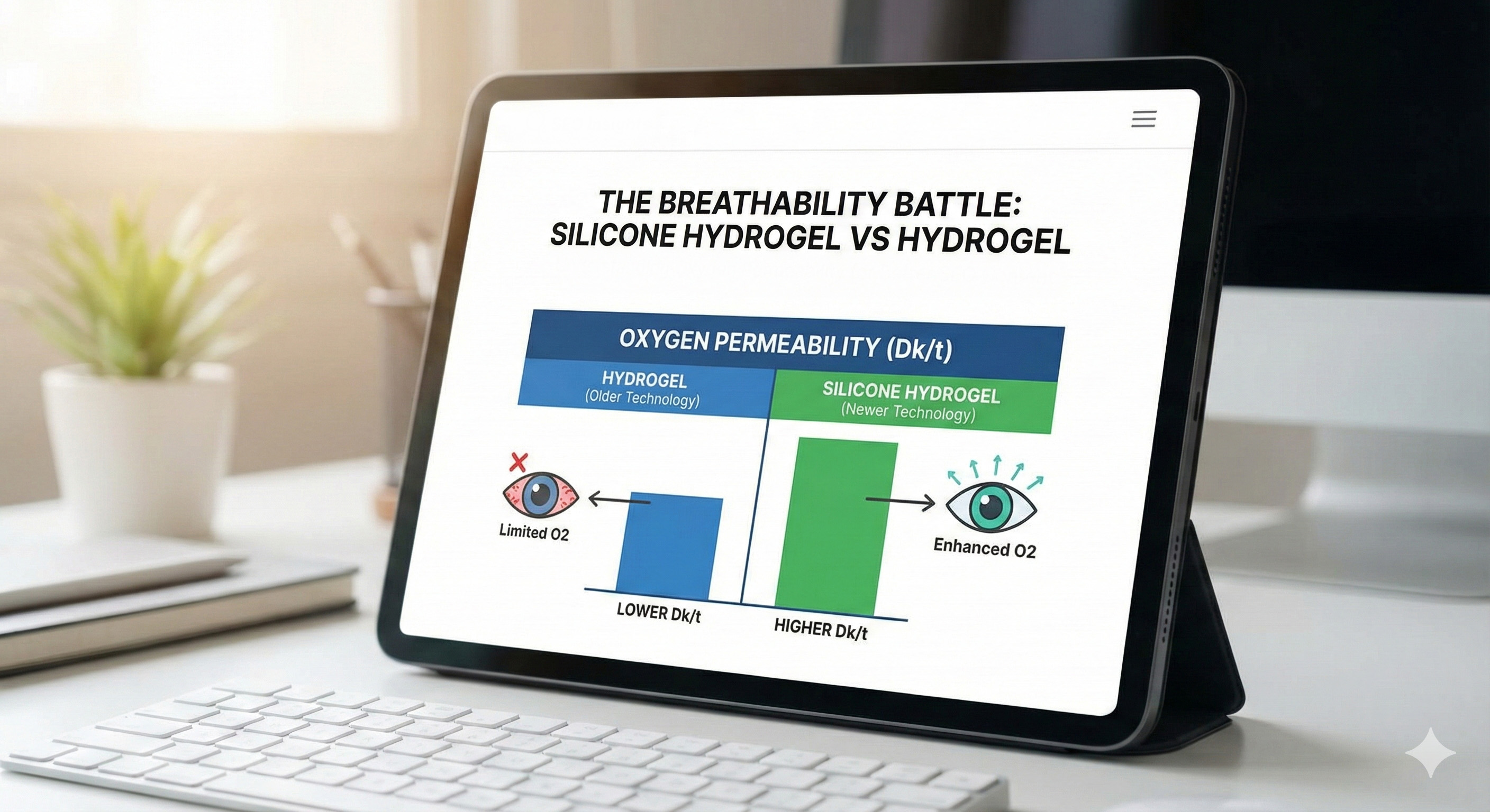 Comparison chart showing oxygen permeability of Silicone Hydrogel vs Hydrogel contact lenses