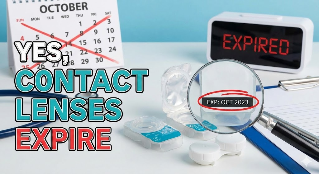 A calendar and a magnifying glass highlighting a 'EXP: OCT 2023' label on packaging, illustrating that contact lenses do expire and require safety checks.