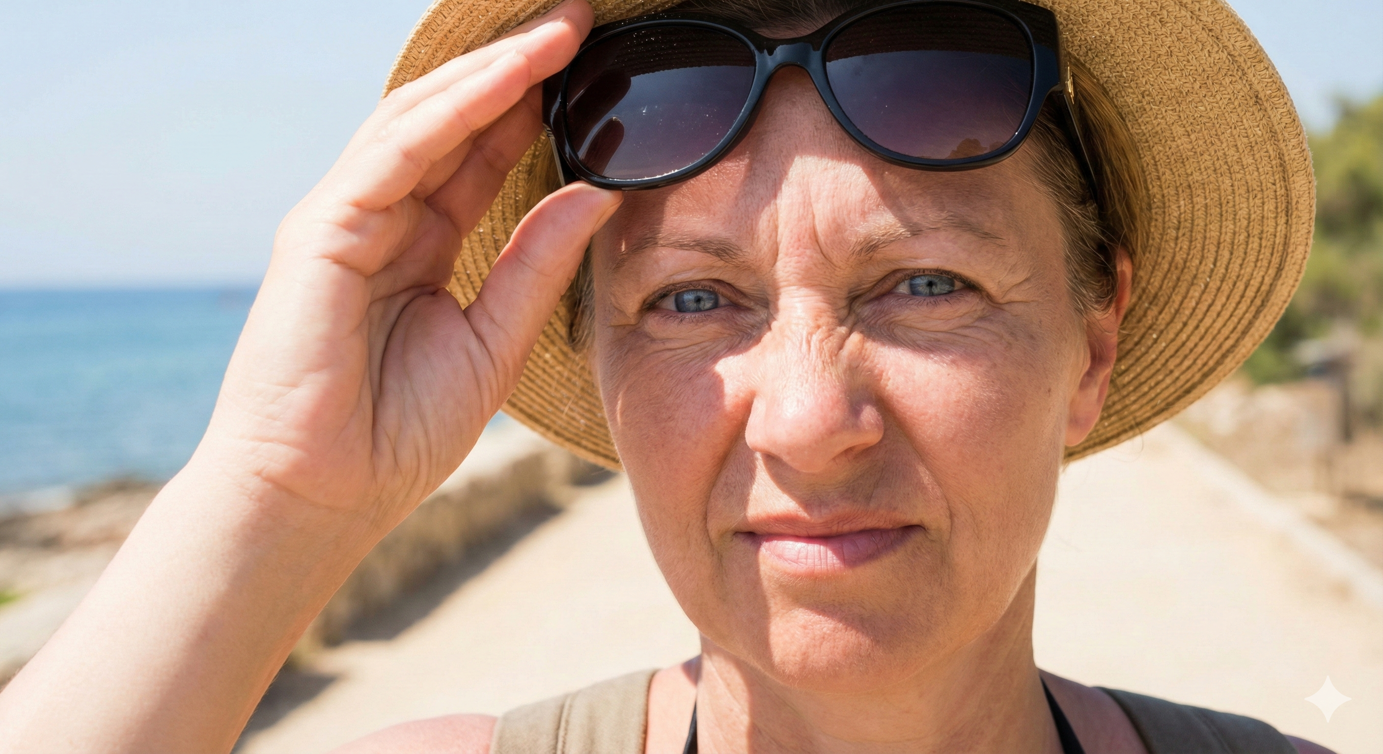 Person with blue eyes squinting in sunlight due to light sensitivity