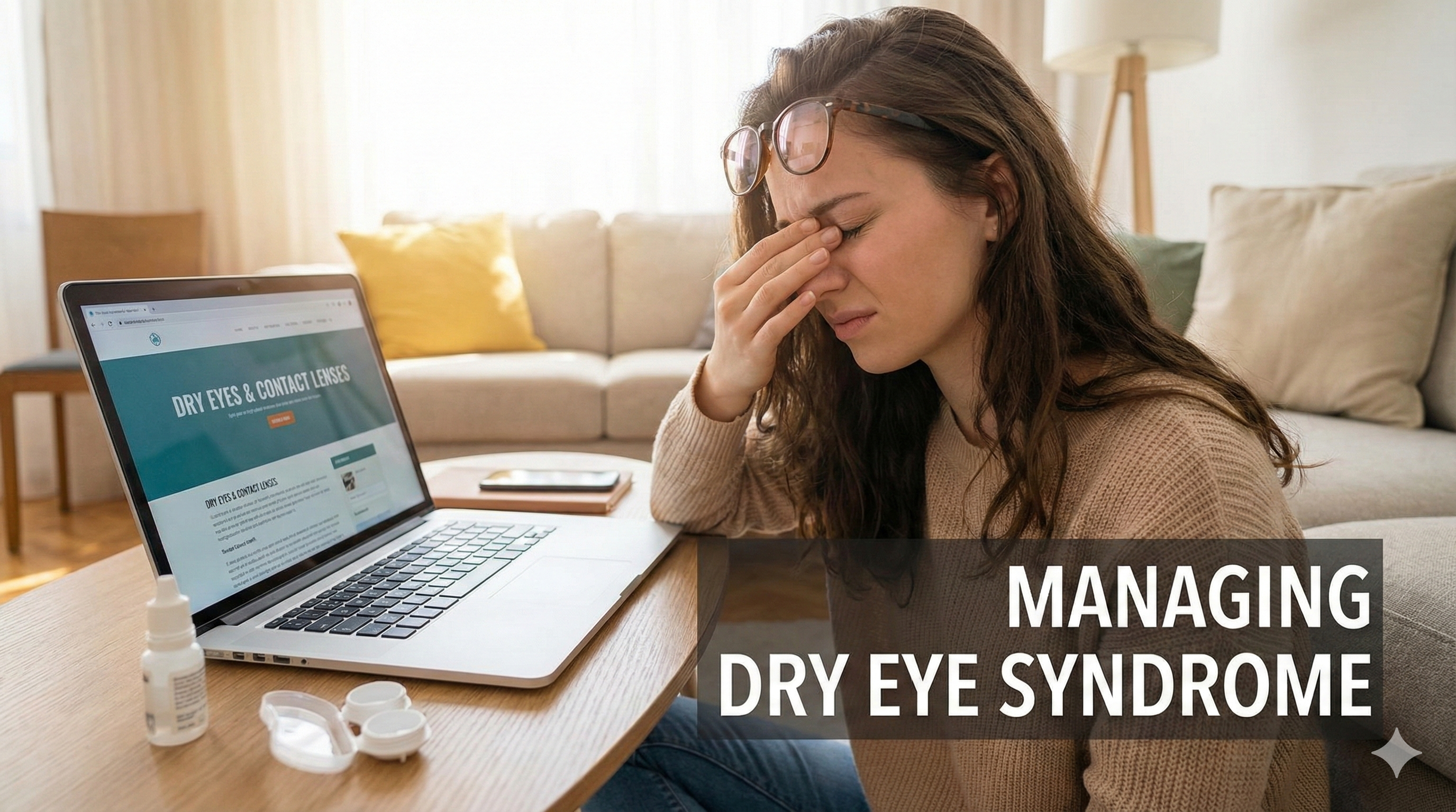 Woman rubbing eyes due to dry eye syndrome symptoms caused by contact lenses