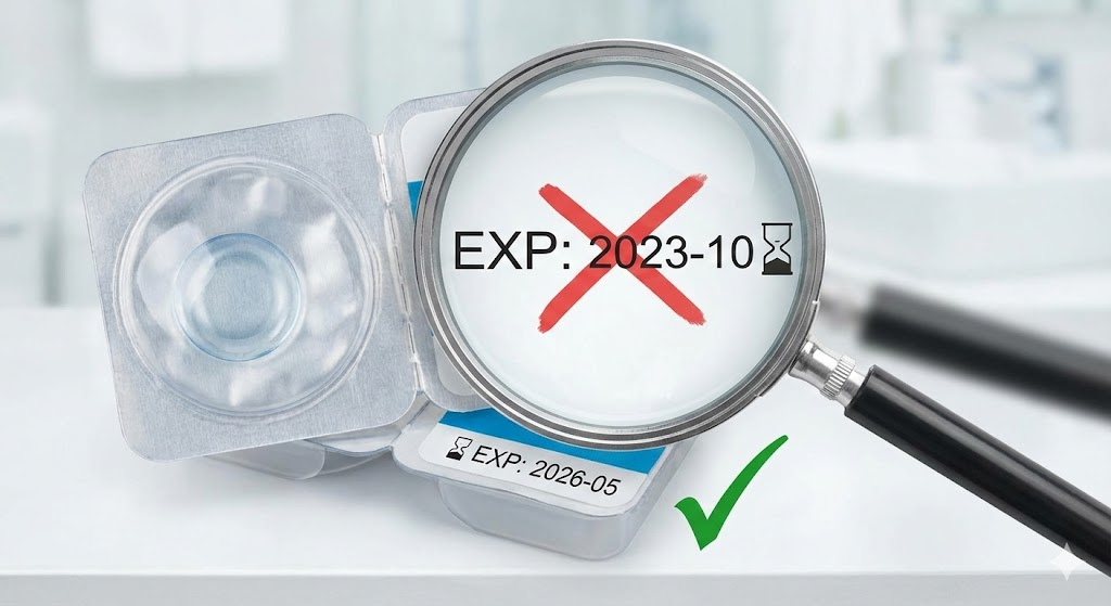 Magnifying glass comparing a valid contact lens expiration date with an expired one to determine safety.