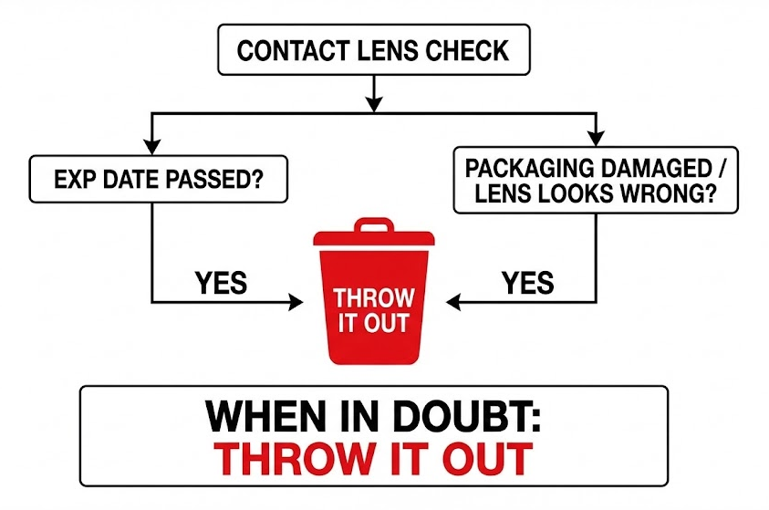 Safety decision flowchart instructing users to throw out contact lenses if the expiration date has passed or if the packaging is damaged.