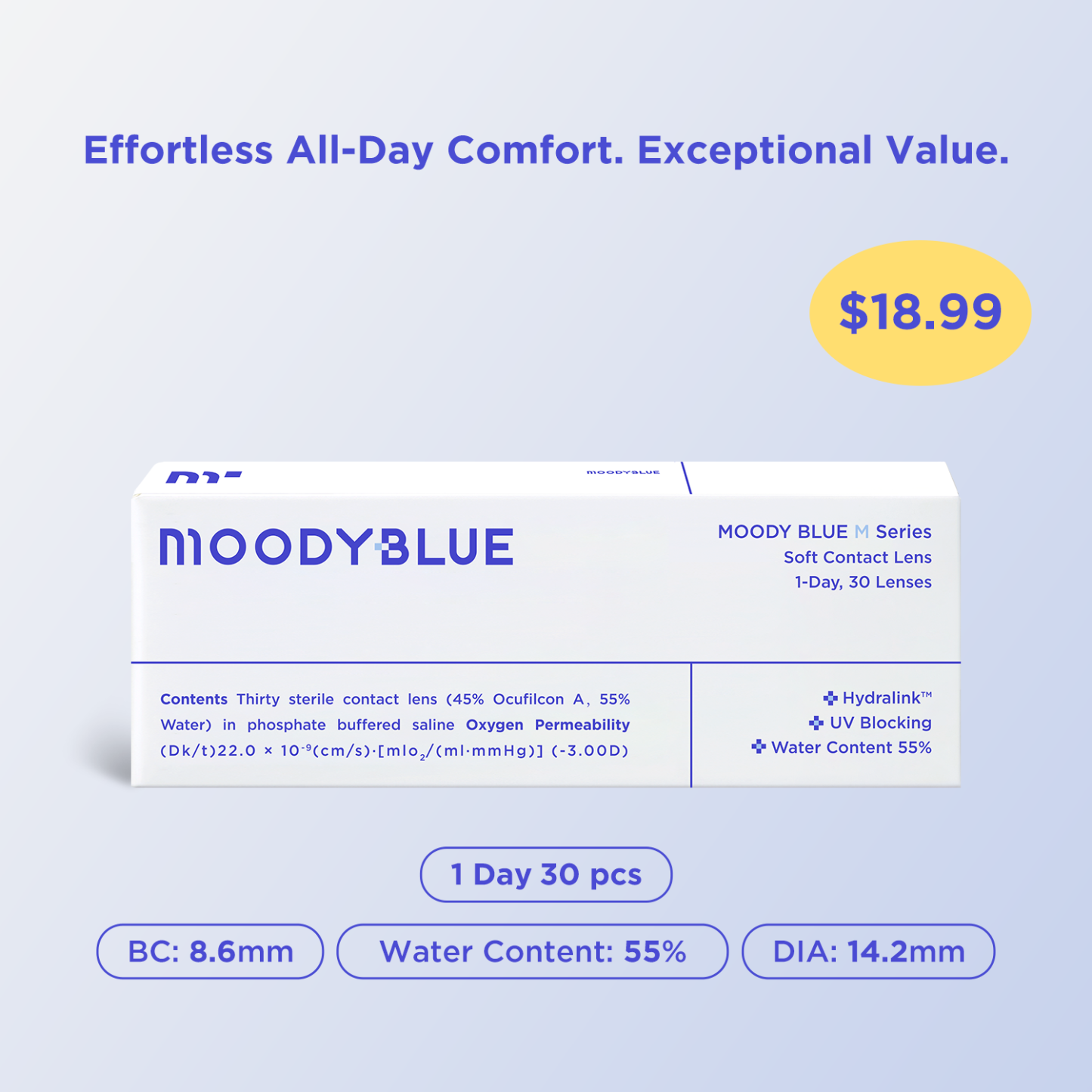 A box of 30 moodyblue M Series daily disposable contact lenses, the best affordable choice for comfortable contacts online. This image shows the product packaging and the high-quality hydrogel lens, an ideal option for cheap and discount contacts.