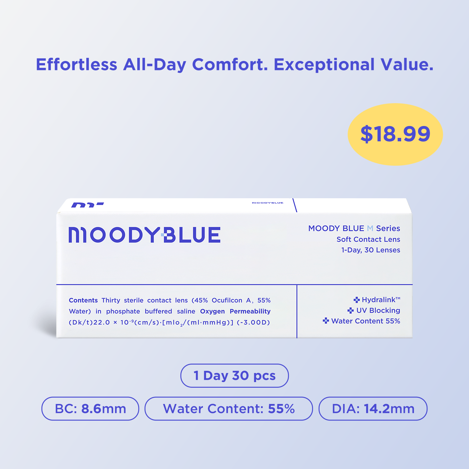 A box of 30 moodyblue M Series daily disposable contact lenses, the best affordable choice for comfortable contacts online. This image shows the product packaging and the high-quality hydrogel lens, an ideal option for cheap and discount contacts.