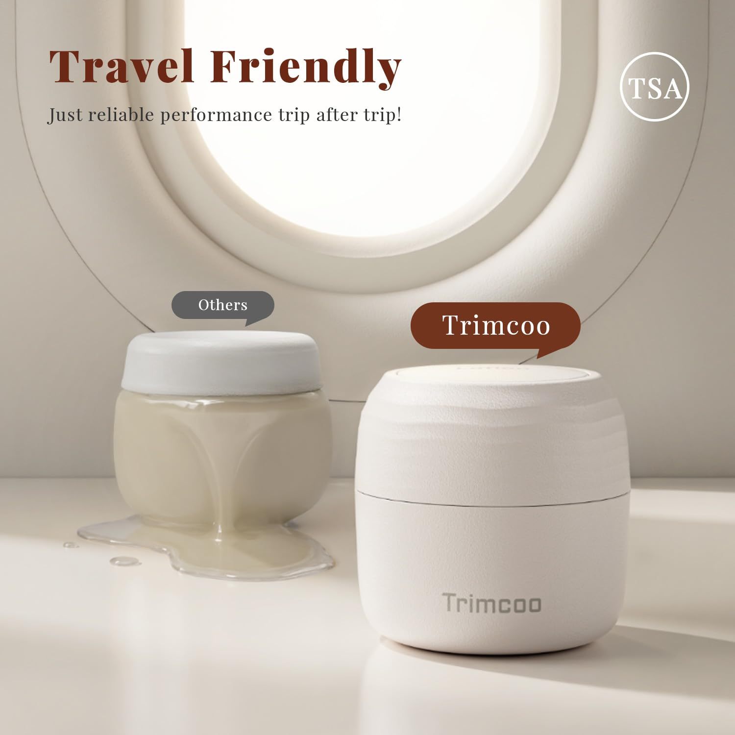 Trimcoo New Travel Toiletry Containers [Ultra Leakproof] TSA-Approved, PLA Hard Shell Jars with 5 Magnetic Labels, Wide Mouth Bottles for Lotion, Cleanser, Shampoo, Conditioner, Beige, 3 Pack, 1OZ