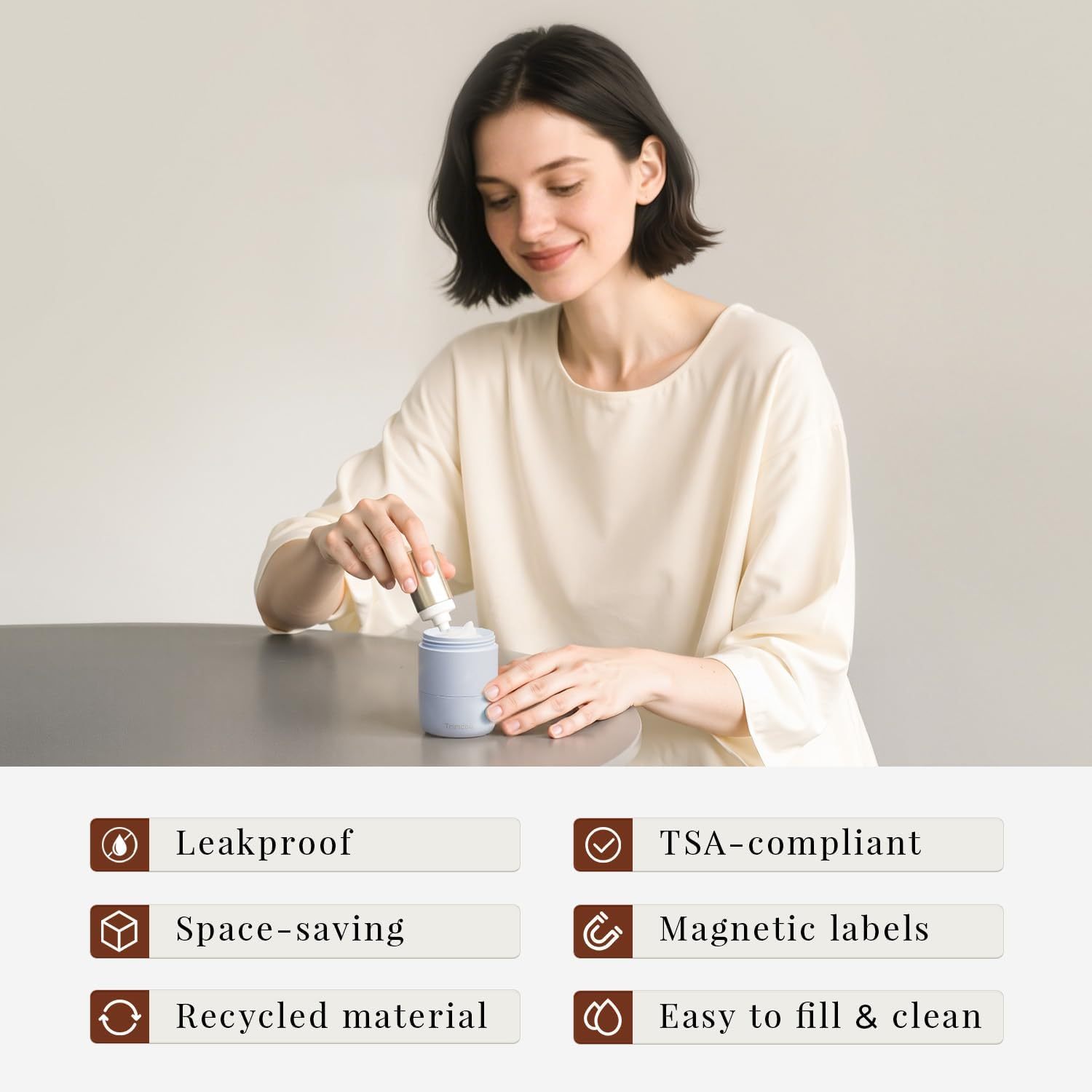 Trimcoo New Travel Toiletry Containers [Ultra Leakproof] TSA-Approved, PLA Hard Shell Jars with 5 Magnetic Labels, Wide Mouth Bottles for Lotion, Cleanser, Shampoo, Conditioner, Blue, 3 Pack, 2OZ