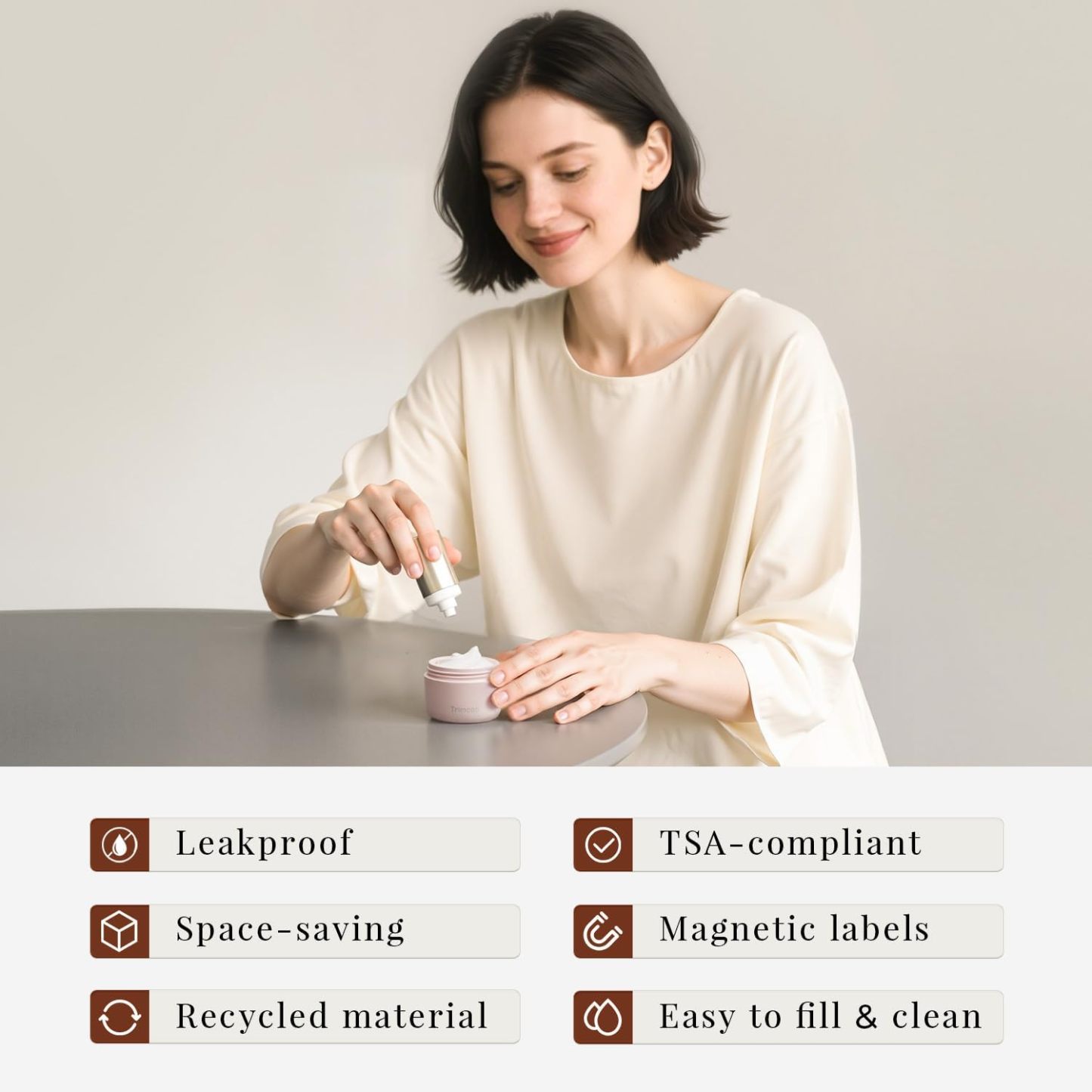 Trimcoo New Travel Toiletry Containers [Ultra Leakproof] TSA-Approved, PLA Hard Shell Jars with 5 Magnetic Labels, Wide Mouth Bottles for Lotion, Cleanser, Shampoo, Conditioner, Pink, 3 Pack, 1OZ