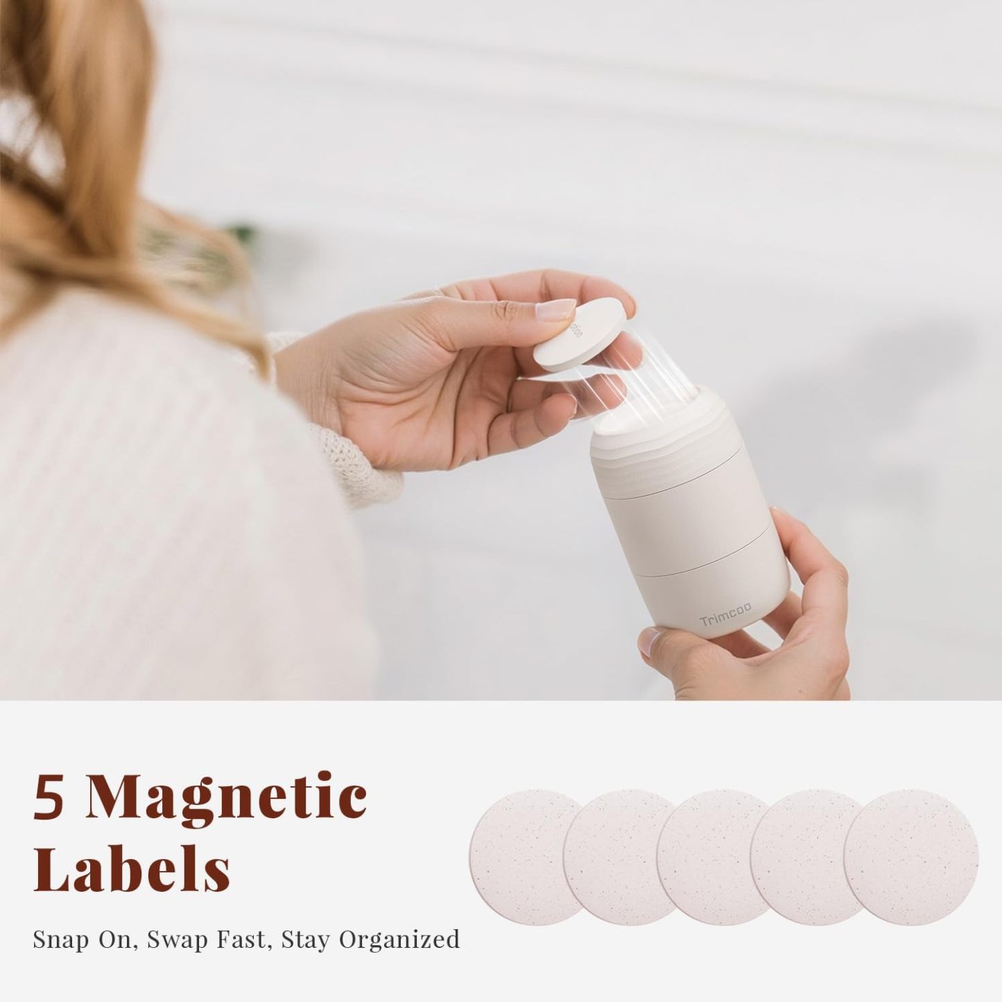 Trimcoo New Travel Toiletry Containers [Ultra Leakproof] TSA-Approved, PLA Hard Shell Jars with 5 Magnetic Labels, Wide Mouth Bottles for Lotion, Cleanser, Shampoo, Conditioner, Beige, 3 Pack, 2OZ