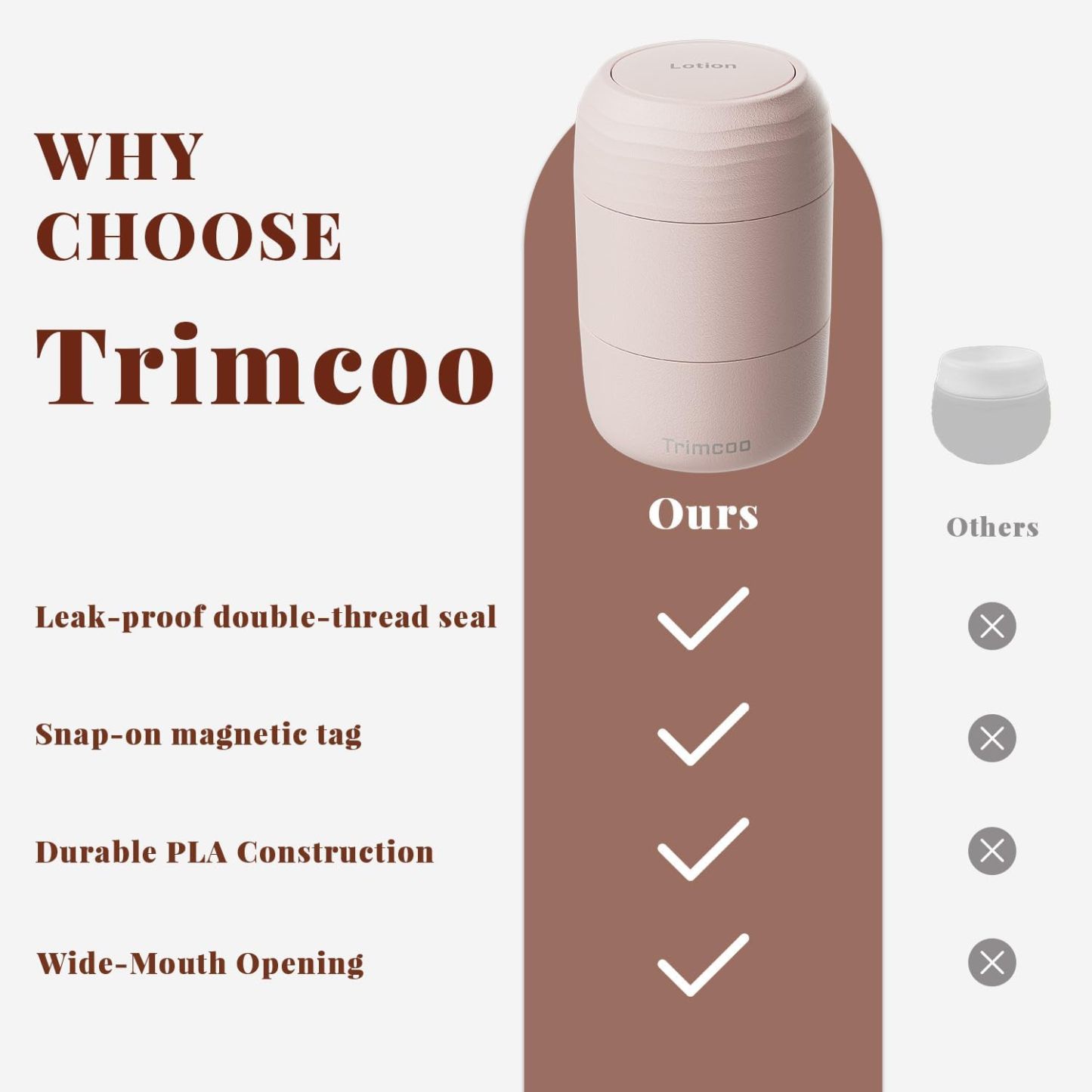 Trimcoo New Travel Toiletry Containers [Ultra Leakproof] TSA-Approved, PLA Hard Shell Jars with 5 Magnetic Labels, Wide Mouth Bottles for Lotion, Cleanser, Shampoo, Conditioner, Pink, 3 Pack, 2OZ