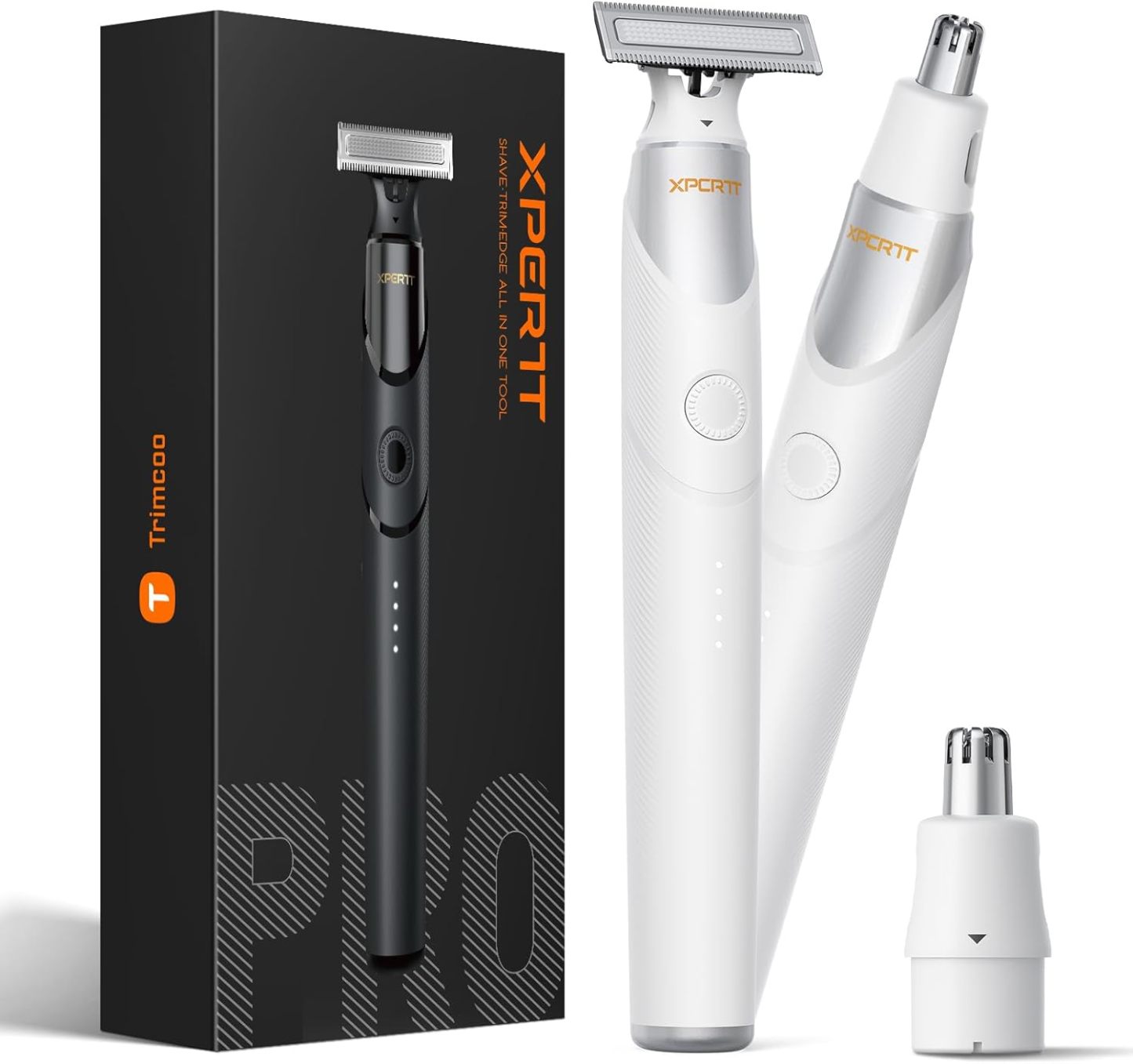 2 in 1 Electric Body & Nose Hair Trimmer - Painless Beard Razor for Men, All-in-One Groomer with Magnetic Nose Hair Head, Waterproof Wet/Dry Groin/Ball Shaver,USB-C Fast Charging,White(Solo)