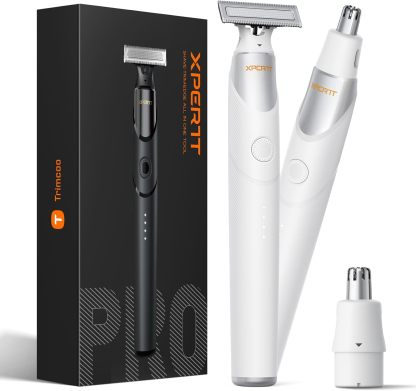 2 in 1 Electric Body & Nose Hair Trimmer - Painless Beard Razor for Men, All-in-One Groomer with Magnetic Nose Hair Head, Waterproof Wet/Dry Groin/Ball Shaver,USB-C Fast Charging,White(Solo)