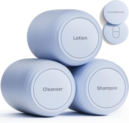 Trimcoo New Travel Toiletry Containers [Ultra Leakproof] TSA-Approved, PLA Hard Shell Jars with 5 Magnetic Labels, Wide Mouth Bottles for Lotion, Cleanser, Shampoo, Conditioner, Blue, 3 Pack, 2OZ