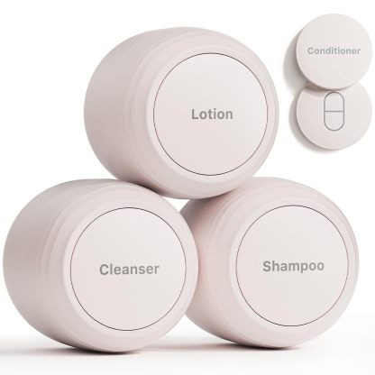 Trimcoo New Travel Toiletry Containers [Ultra Leakproof] TSA-Approved, PLA Hard Shell Jars with 5 Magnetic Labels, Wide Mouth Bottles for Lotion, Cleanser, Shampoo, Conditioner, Beige, 3 Pack, 1OZ