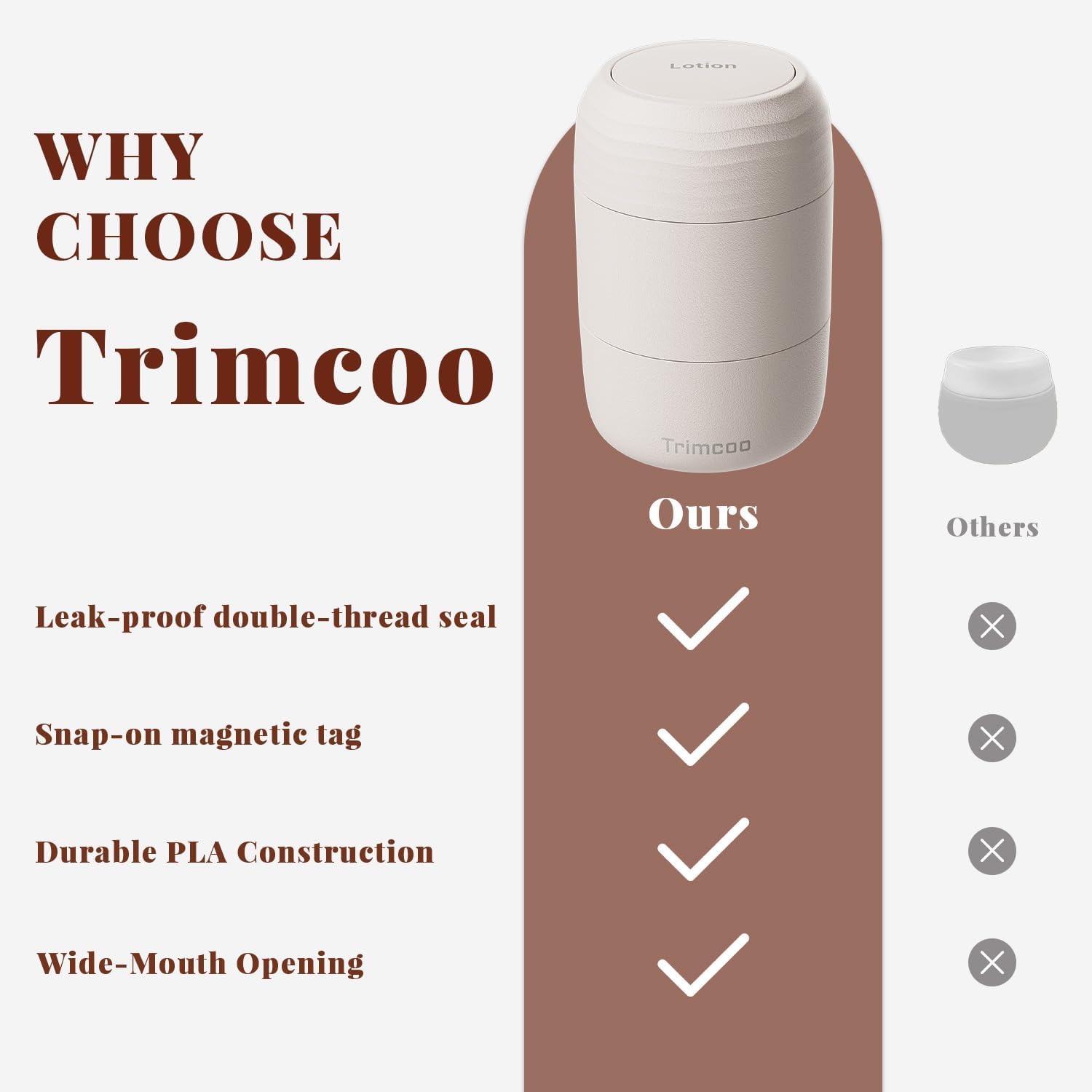 Trimcoo New Travel Toiletry Containers [Ultra Leakproof] TSA-Approved, PLA Hard Shell Jars with 5 Magnetic Labels, Wide Mouth Bottles for Lotion, Cleanser, Shampoo, Conditioner, Beige, 3 Pack, 2OZ