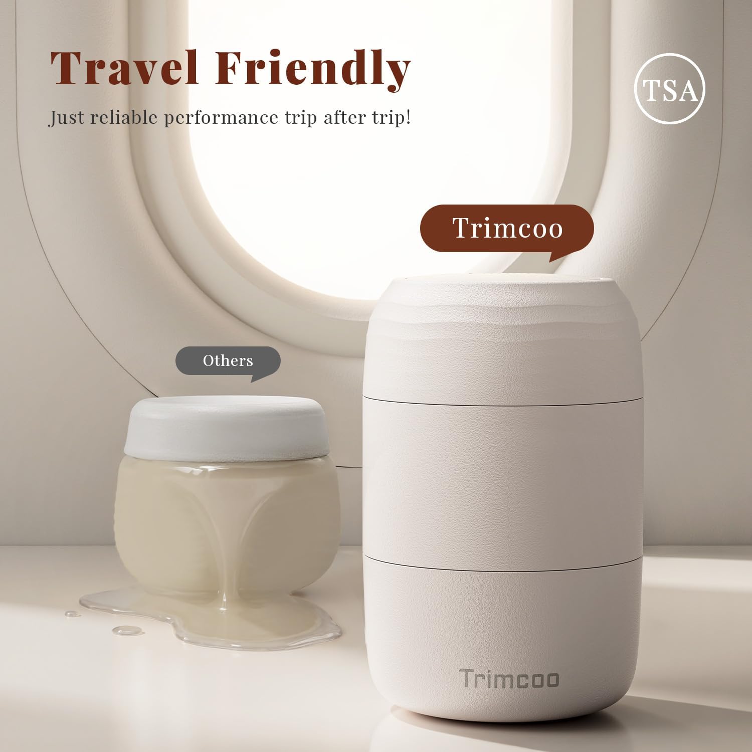 Trimcoo New Travel Toiletry Containers [Ultra Leakproof] TSA-Approved, PLA Hard Shell Jars with 5 Magnetic Labels, Wide Mouth Bottles for Lotion, Cleanser, Shampoo, Conditioner, Beige, 3 Pack, 2OZ