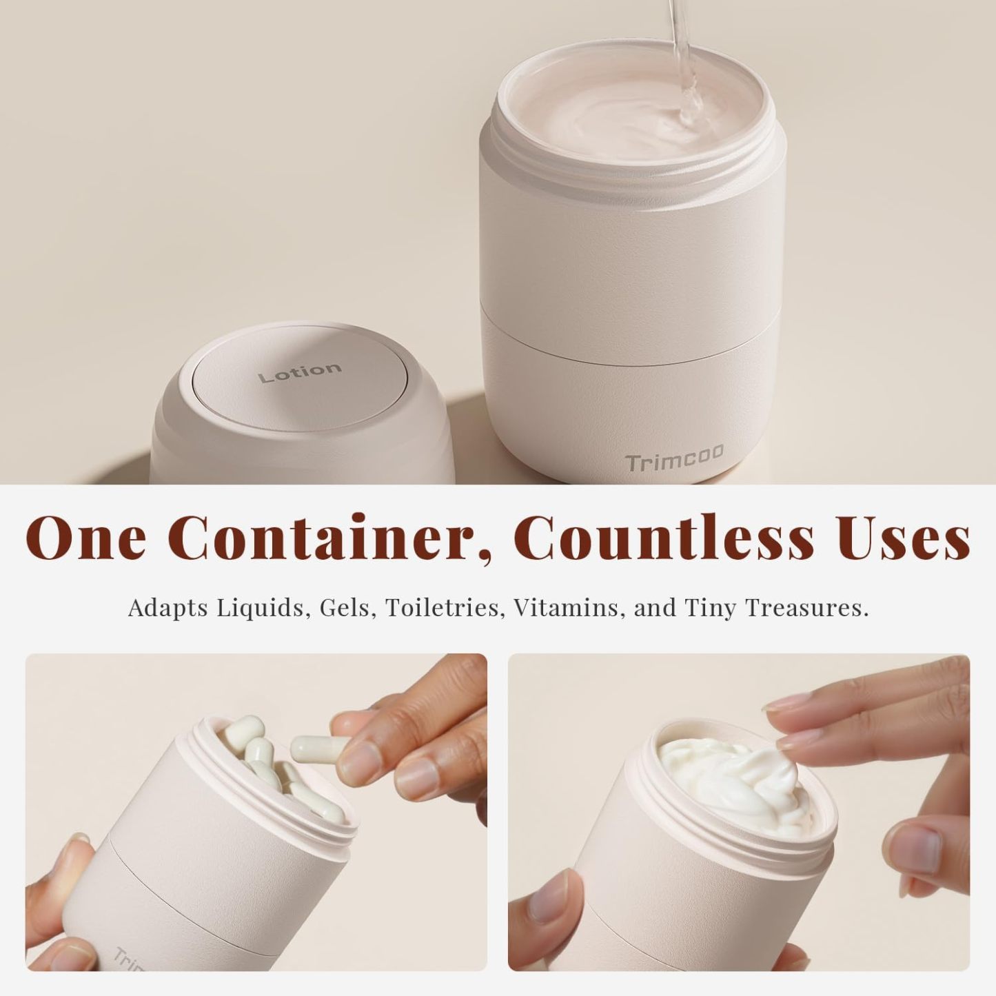 Trimcoo New Travel Toiletry Containers [Ultra Leakproof] TSA-Approved, PLA Hard Shell Jars with 5 Magnetic Labels, Wide Mouth Bottles for Lotion, Cleanser, Shampoo, Conditioner, Beige, 3 Pack, 2OZ