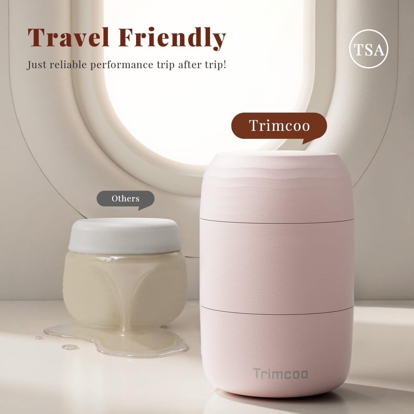 Trimcoo New Travel Toiletry Containers [Ultra Leakproof] TSA-Approved, PLA Hard Shell Jars with 5 Magnetic Labels, Wide Mouth Bottles for Lotion, Cleanser, Shampoo, Conditioner, Pink, 3 Pack, 2OZ