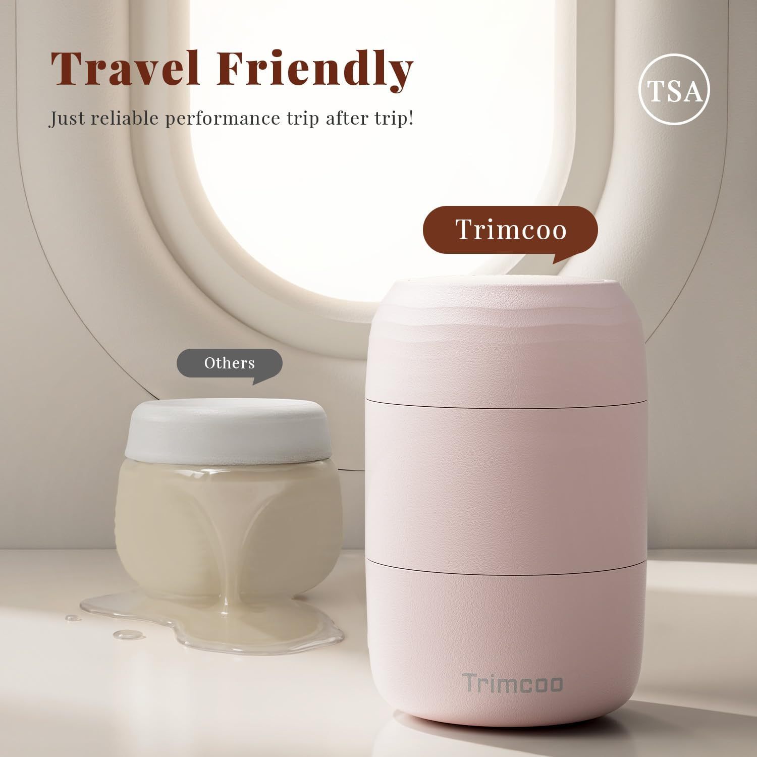 Trimcoo New Travel Toiletry Containers [Ultra Leakproof] TSA-Approved, PLA Hard Shell Jars with 5 Magnetic Labels, Wide Mouth Bottles for Lotion, Cleanser, Shampoo, Conditioner, Pink, 3 Pack, 2OZ