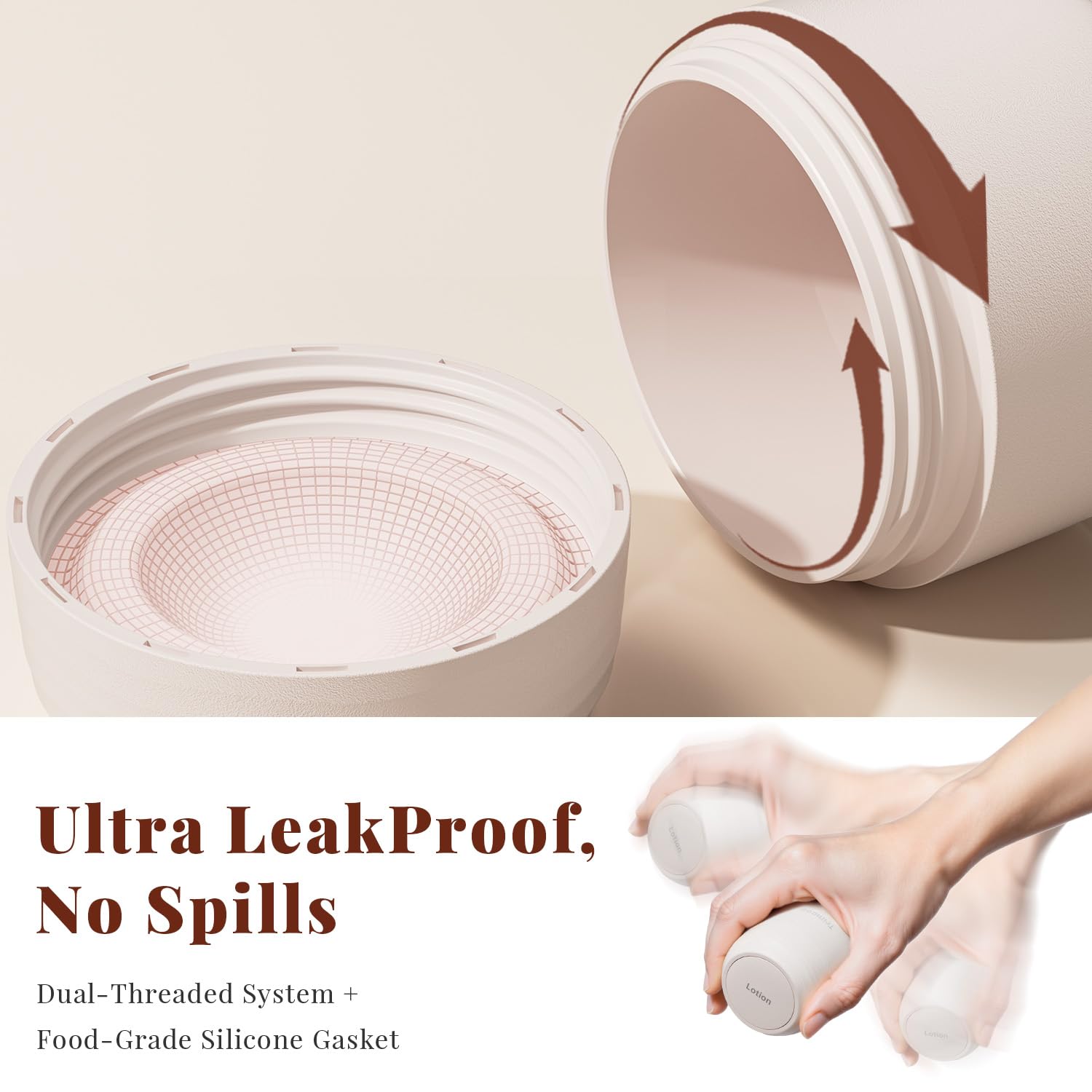 Trimcoo New Travel Toiletry Containers [Ultra Leakproof] TSA-Approved, PLA Hard Shell Jars with 5 Magnetic Labels, Wide Mouth Bottles for Lotion, Cleanser, Shampoo, Conditioner, Beige, 3 Pack, 1OZ