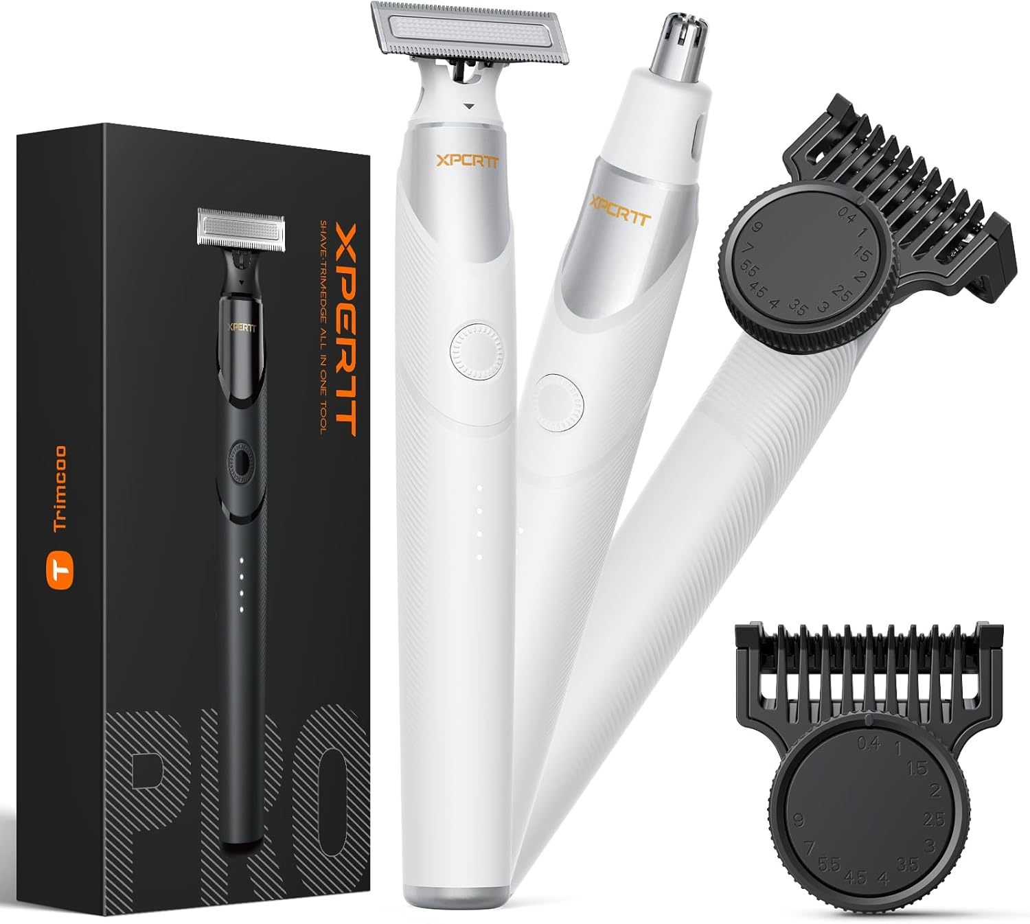 New Electric Beard & Nose Hair Trimmer Kit - Painless Razor with 12 in 1 Rotating Comb, Magnetic Nose Hair Head, Waterproof Wet/Dry, Groin/Ball Shaver for Men, USB-C Fast Charging,White(Pack)