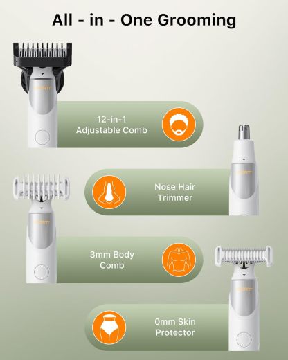 New Electric Beard & Nose Hair Trimmer Kit - Painless Razor with 12 in 1 Rotating Comb, Magnetic Nose Hair Head, Waterproof Wet/Dry, Groin/Ball Shaver for Men, USB-C Fast Charging,White(Pack)
