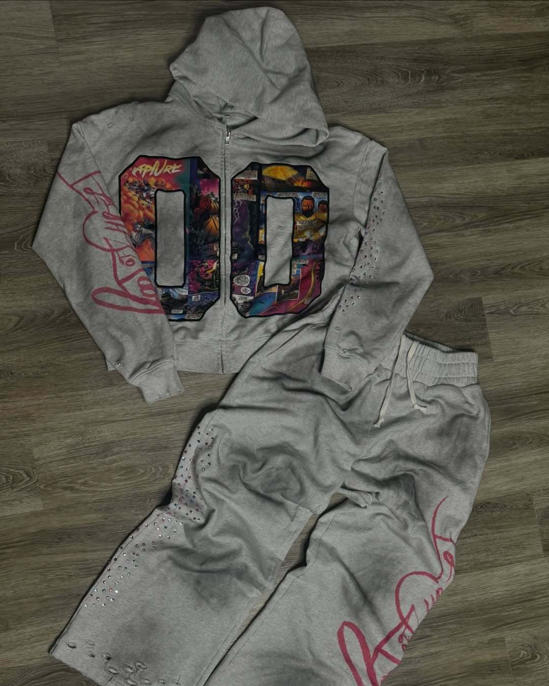 Faux Rhinestone Print Ombre Zip-Up Hoodie Set