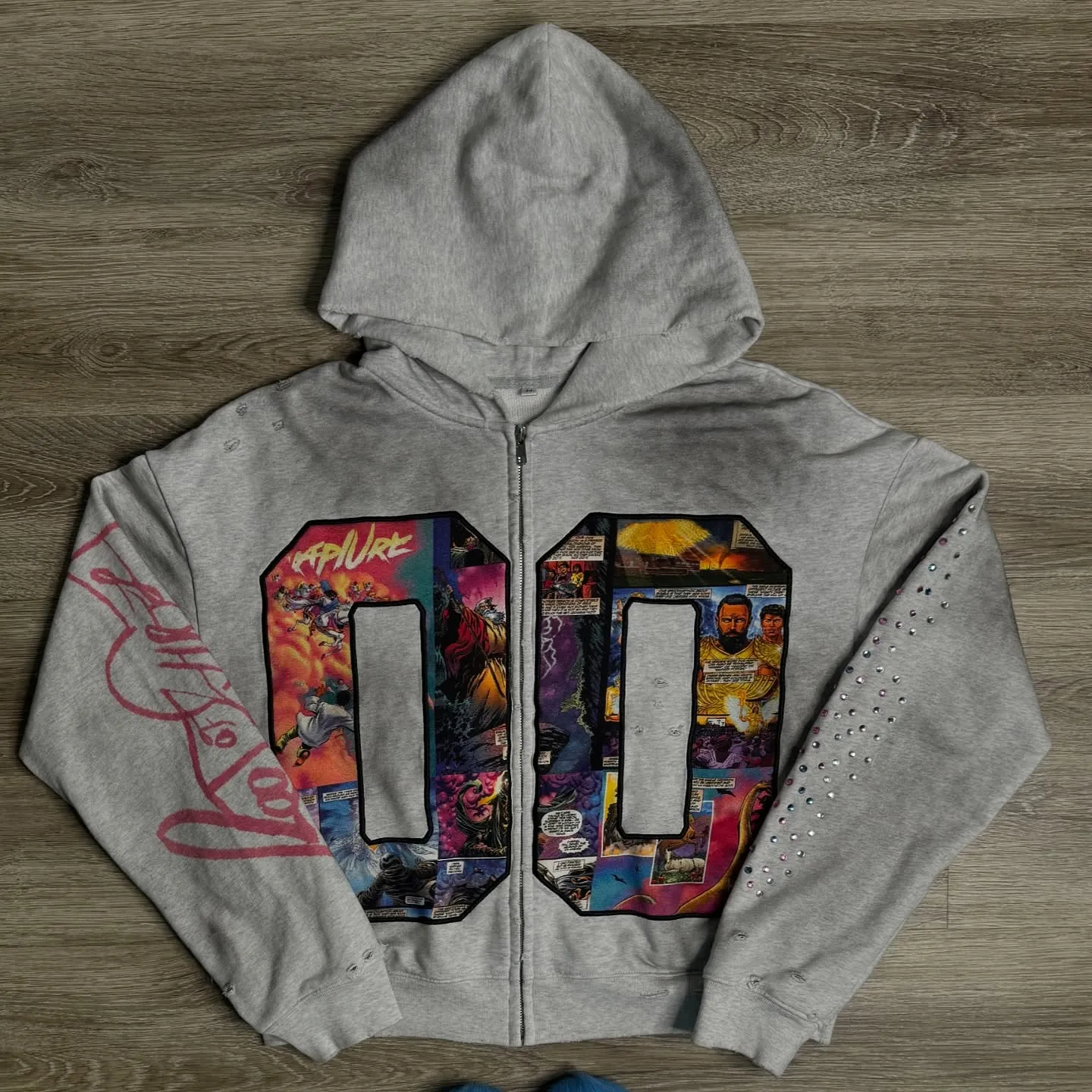 Faux Rhinestone Print Ombre Zip-Up Hoodie Set