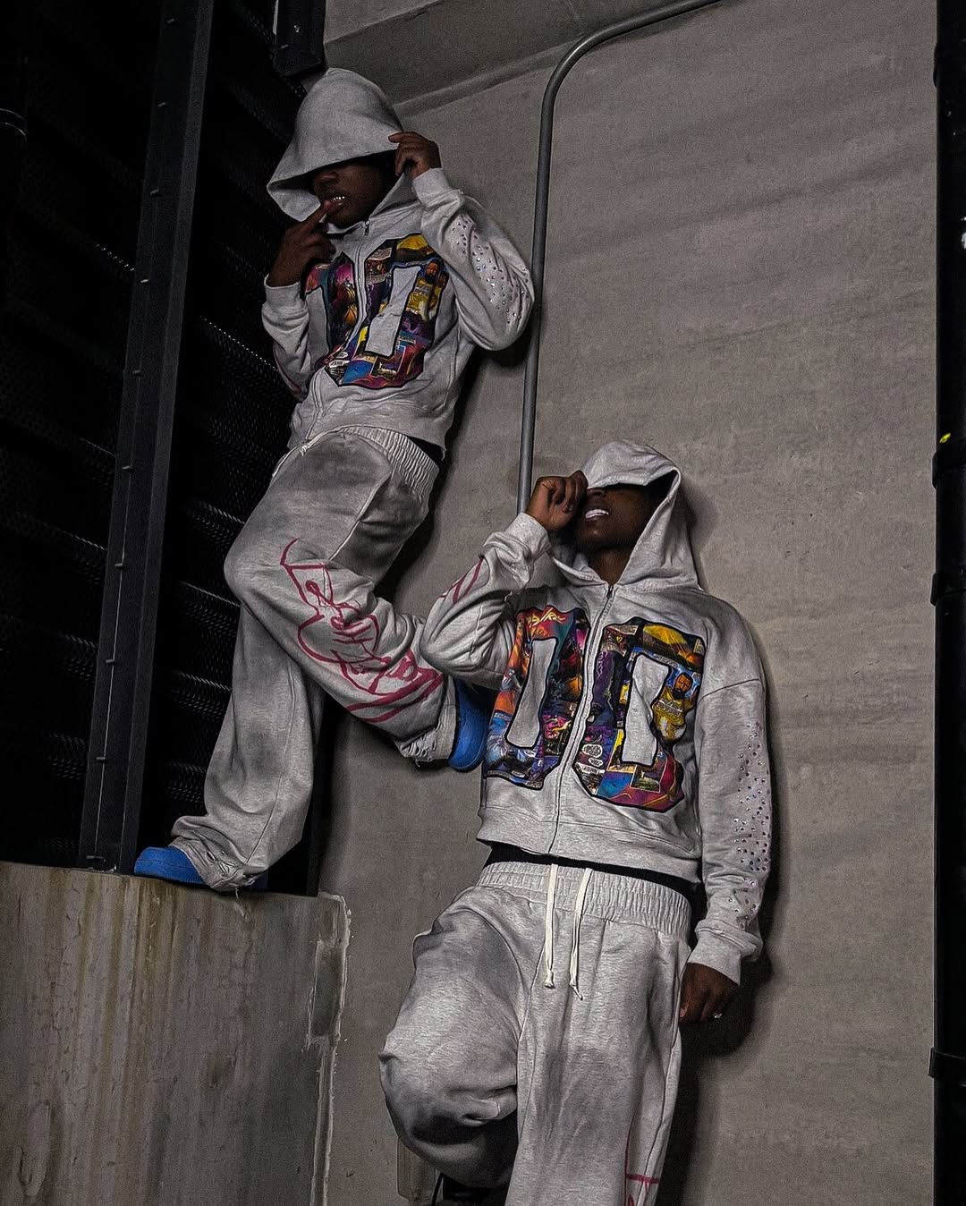 Faux Rhinestone Print Ombre Zip-Up Hoodie Set